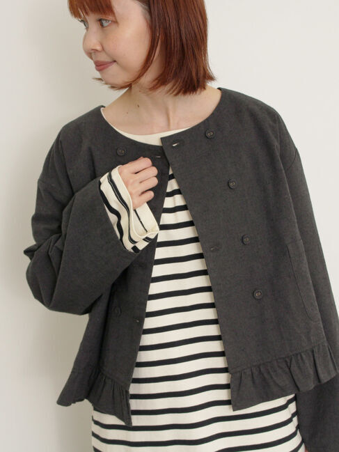Samansa Mos2「綿麻裾フリルダブルボタンショートジャケット」|その他|チャコールグレー