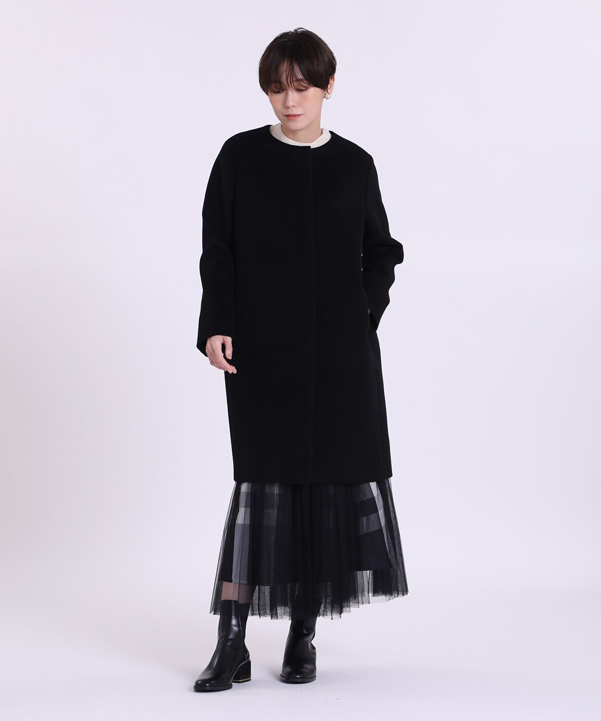 INED CLARO「《WEB限定》ノーカラーカシミヤコート」|ステンカラーコート|