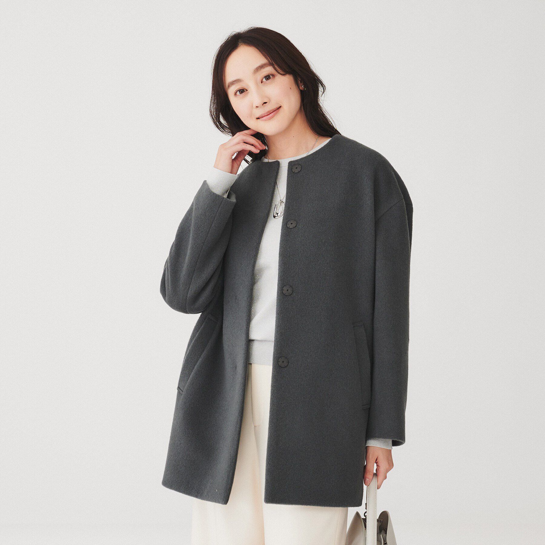UNTITLED「【日本製】ミディ丈ノーカラーコート」|ノーカラーコート|