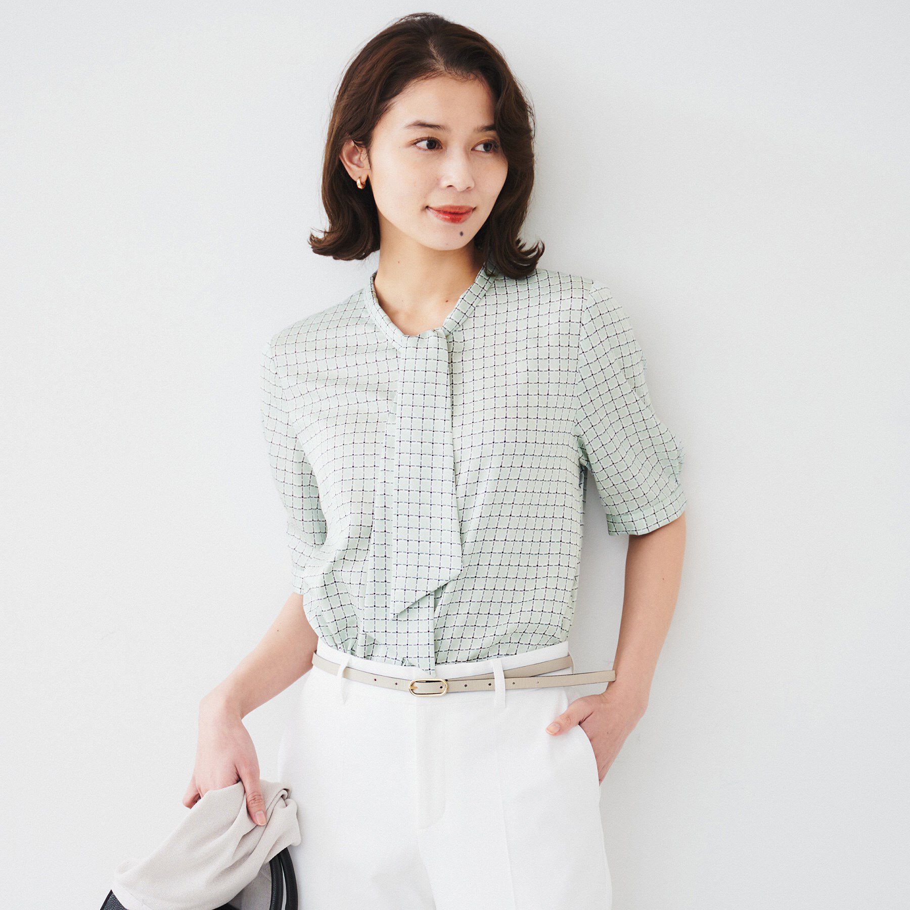 UNTITLED「【通勤/二の腕カバー】ジオメチェック ボウタイブラウス」|シャツ・ブラウス|ミントグリーン(12
