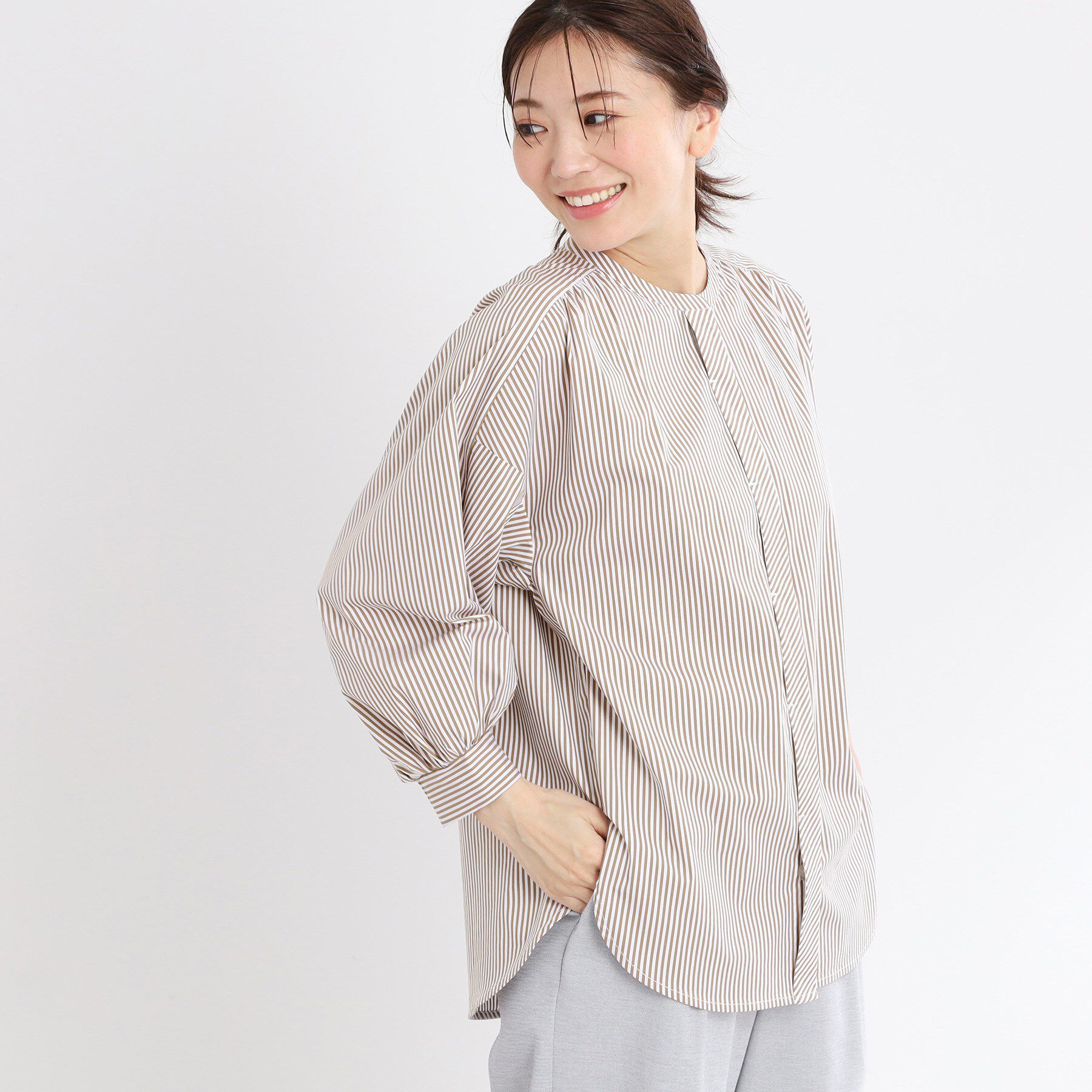 Reflect「【夏SALE／E‐QUALITY／手洗い可】ストライプシャツ」|シャツ・ブラウス|ベージュ(352)