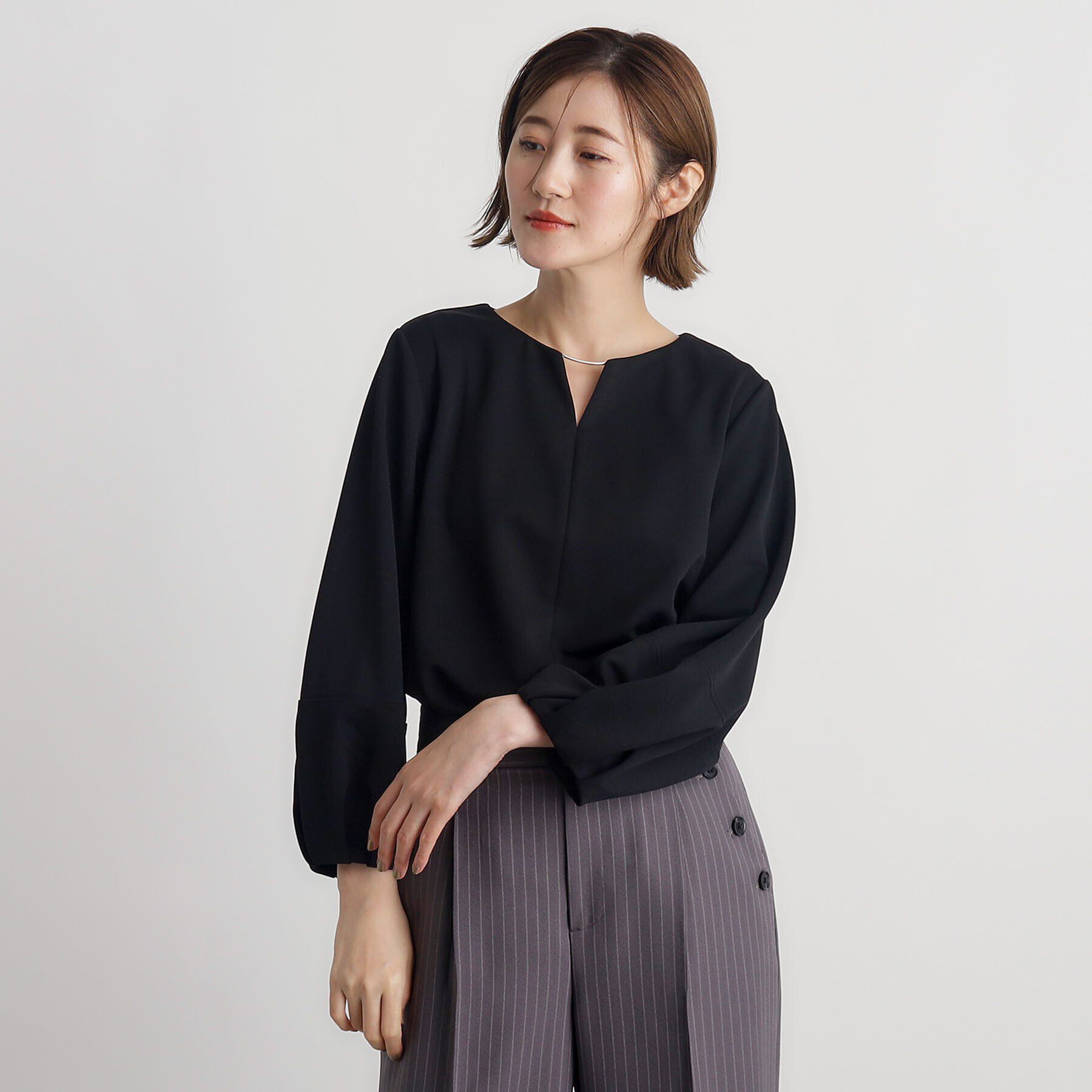 grove「カットツイルランタンスリーブプルオーバー」|Tシャツ・カットソー|ブラック(019)