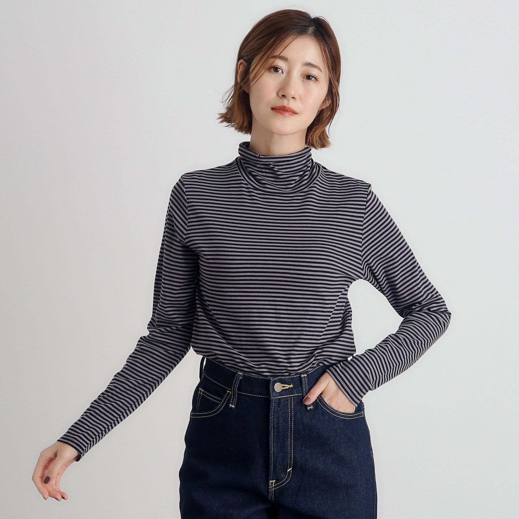 grove「【吸湿発熱MW】メロータートルネックプルオーバー」|Tシャツ・カットソー|グレー&times;黒ボーダー(