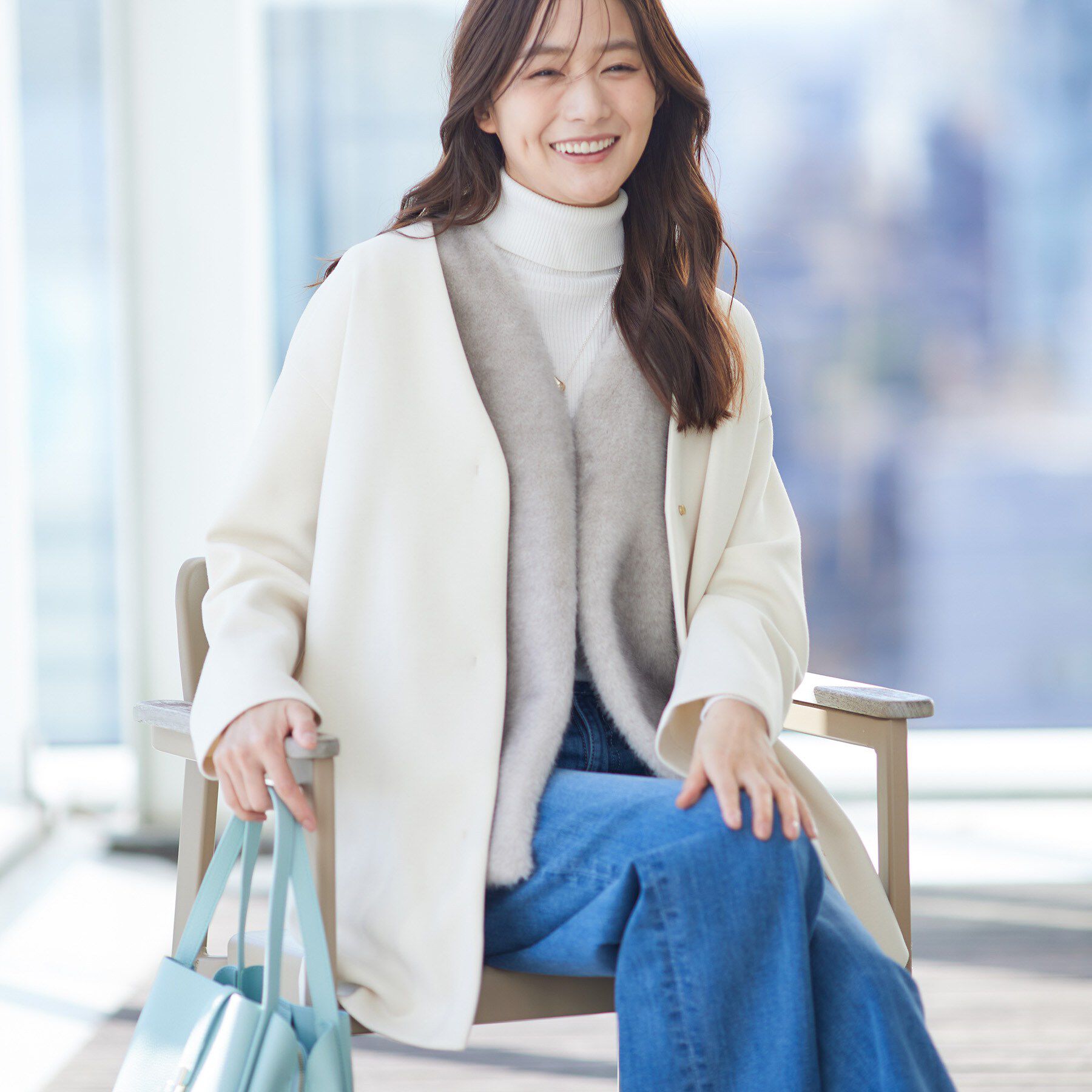 INDIVI「【秋／軽羽織り】ノーカラーミドル丈ライトコート」|ノーカラージャケット|アイボリー(004)