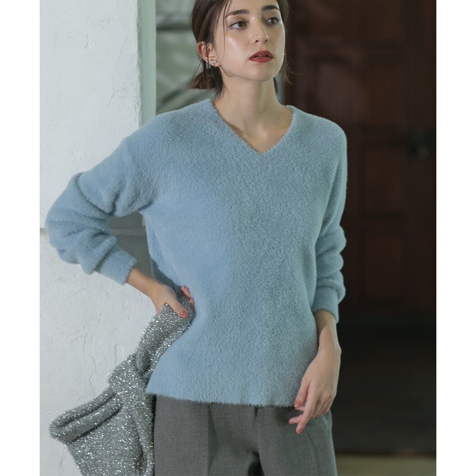 OPAQUE.CLIP「《5color/S-LLsize》フェザーヤーンVネックニット【洗濯機洗い可／抗ピル】」|ニット・セーター|サックスブルー(09