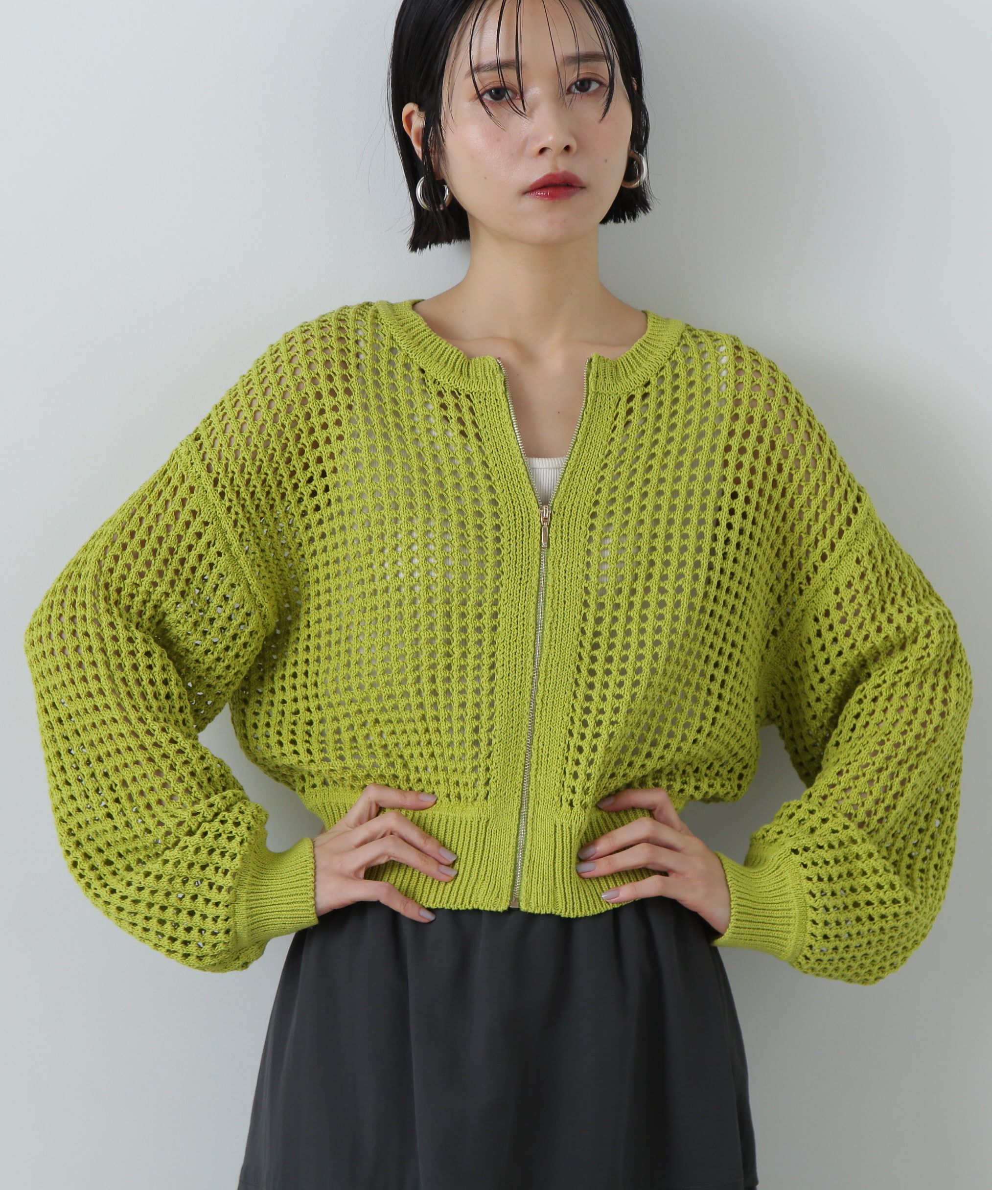  「メッシュZIPニットカーディガン」|ニット・セーター|ライトグリー