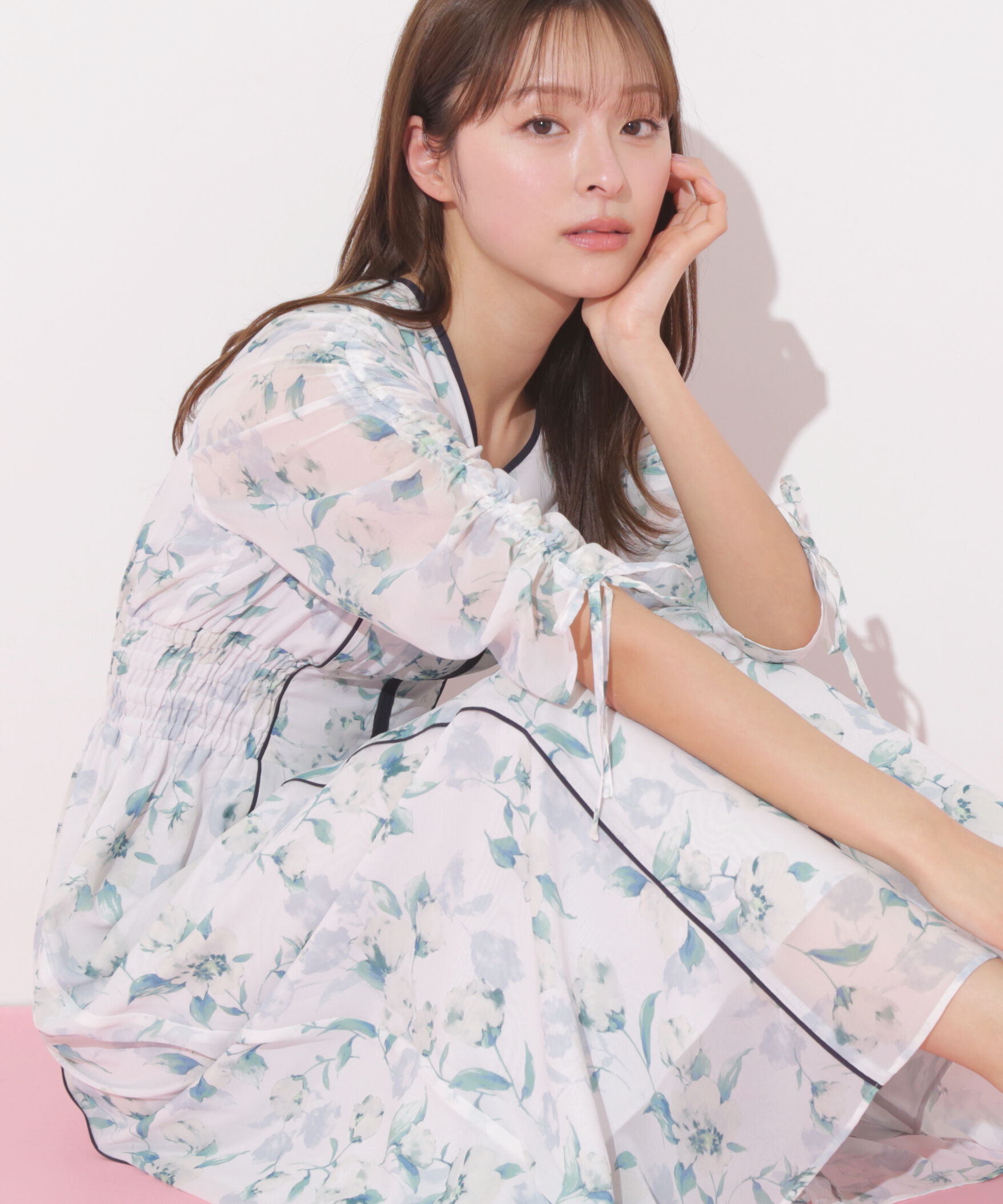  「フラワープリントバイカラーワンピース」|ワンピース|グリーン