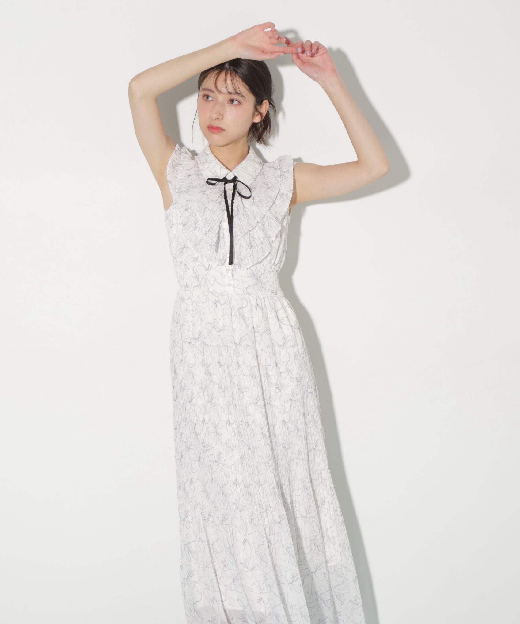  「プリーツフリルプリントワンピース」|ワンピース|