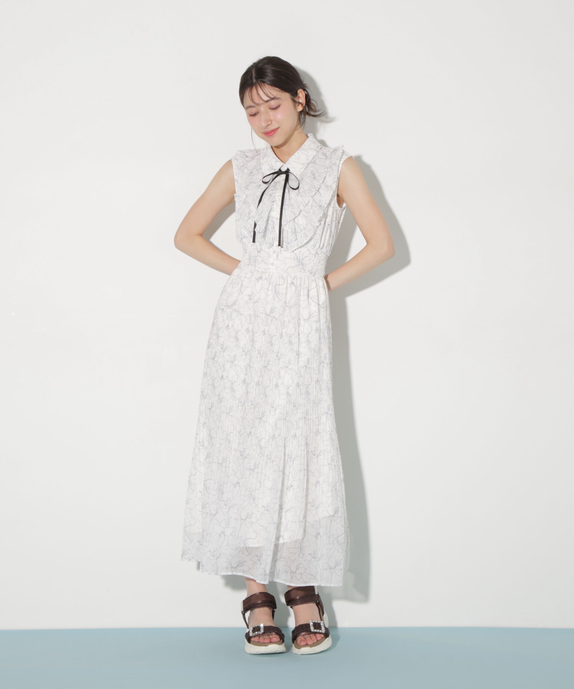  「プリーツフリルプリントワンピース」|ワンピース|