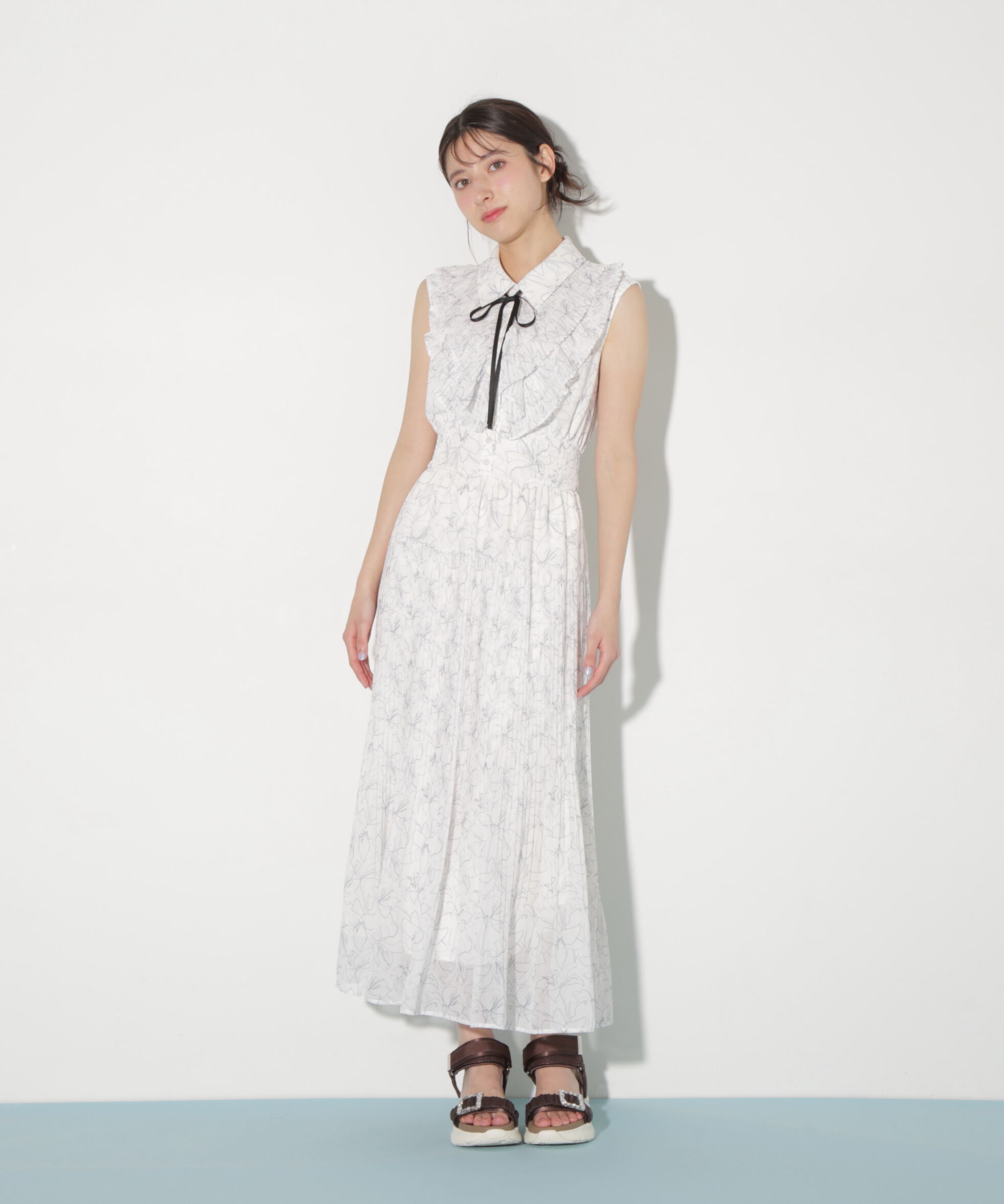  「プリーツフリルプリントワンピース」|ワンピース|