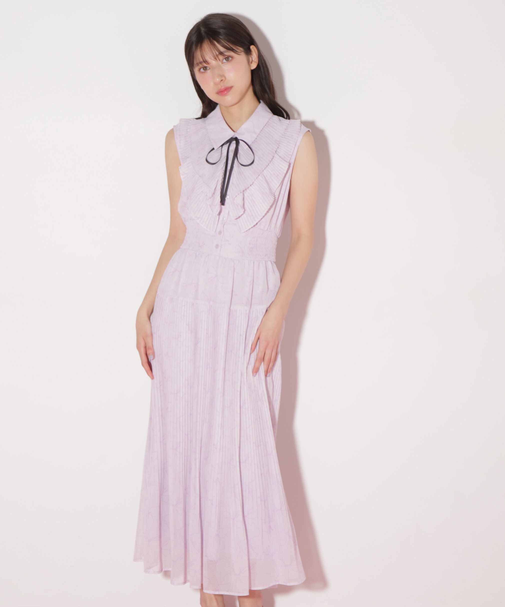  「プリーツフリルプリントワンピース」|ワンピース|