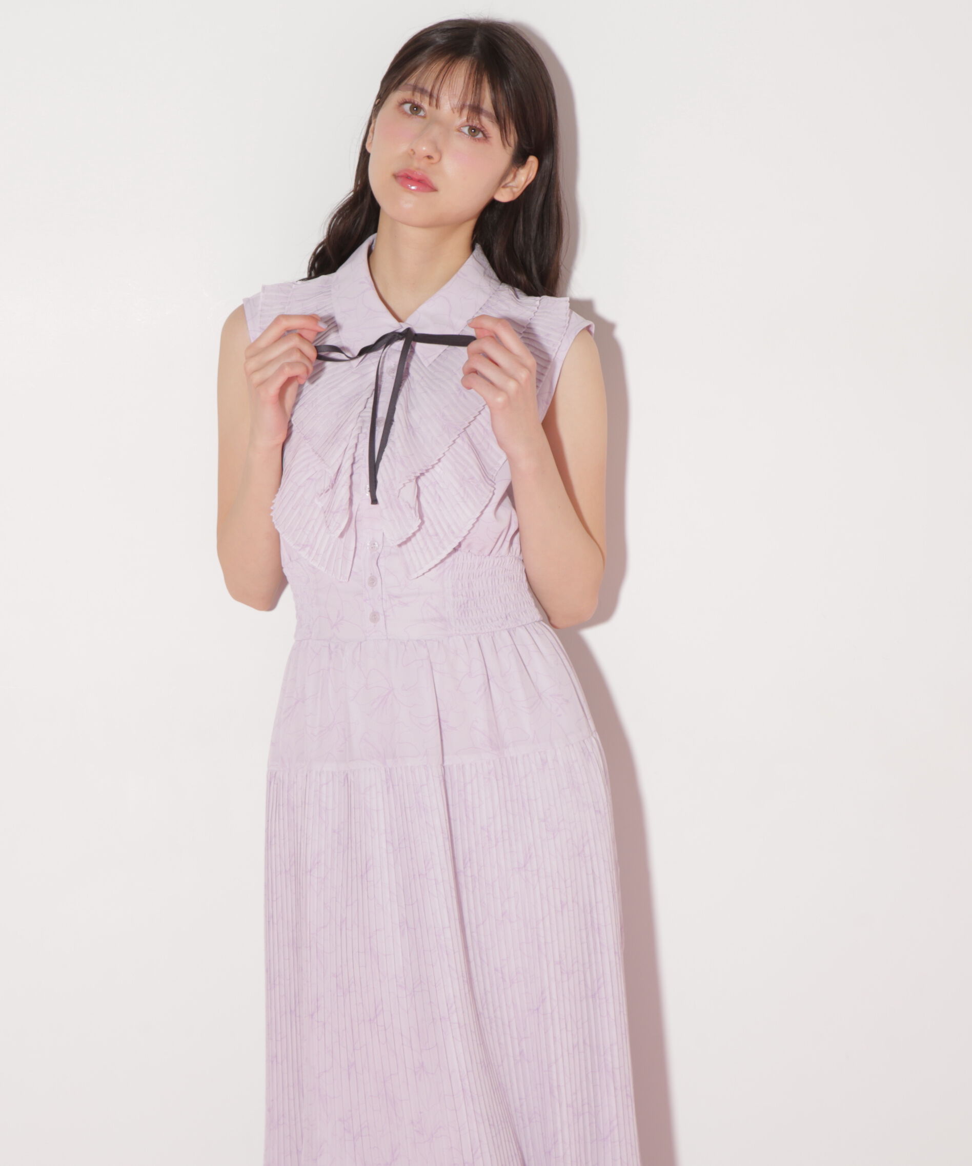  「プリーツフリルプリントワンピース」|ワンピース|