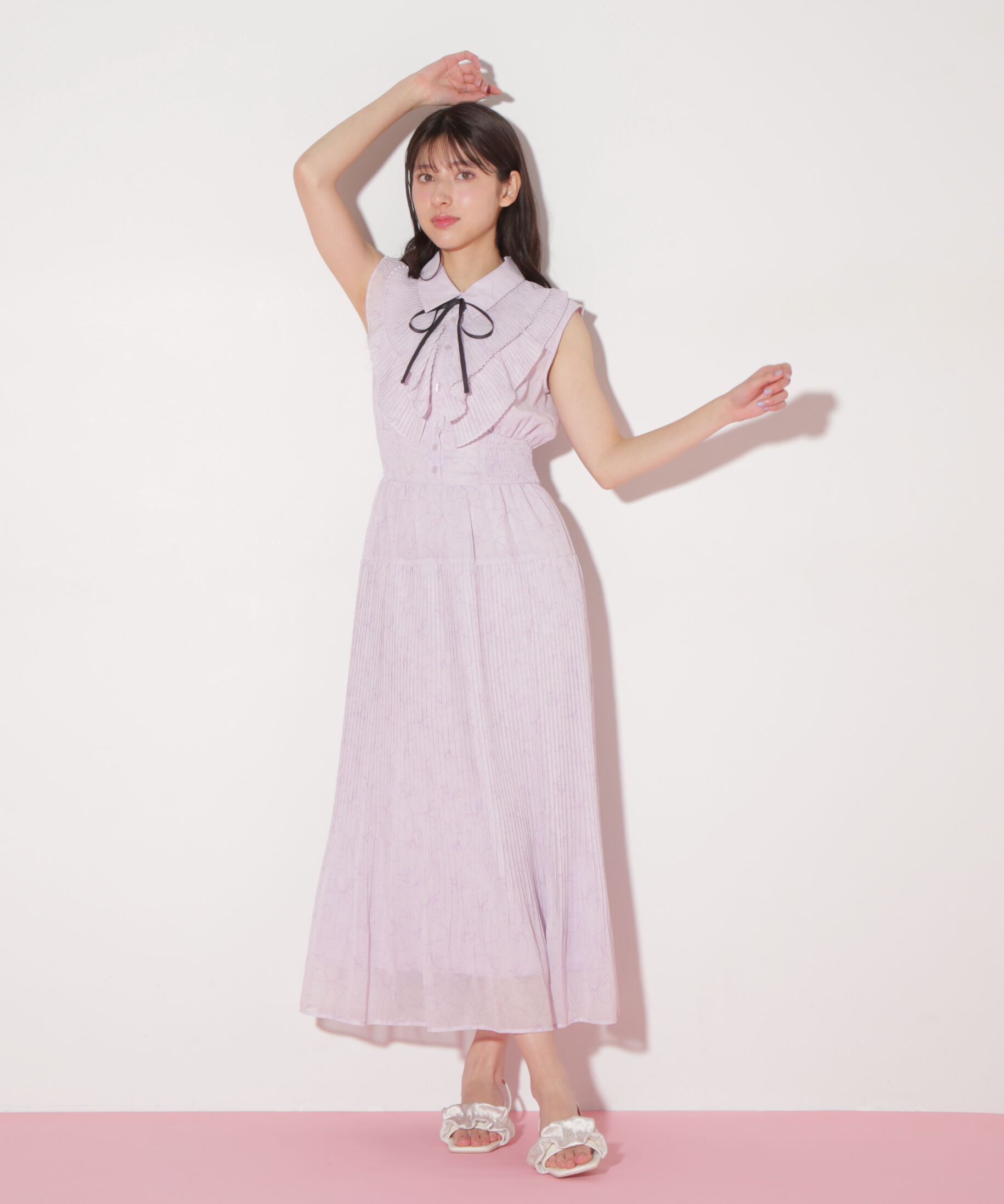  「プリーツフリルプリントワンピース」|ワンピース|