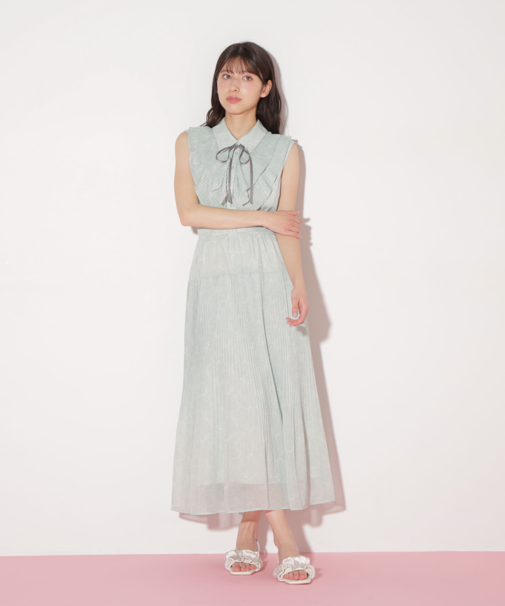  「プリーツフリルプリントワンピース」|ワンピース|ライトグリー 1