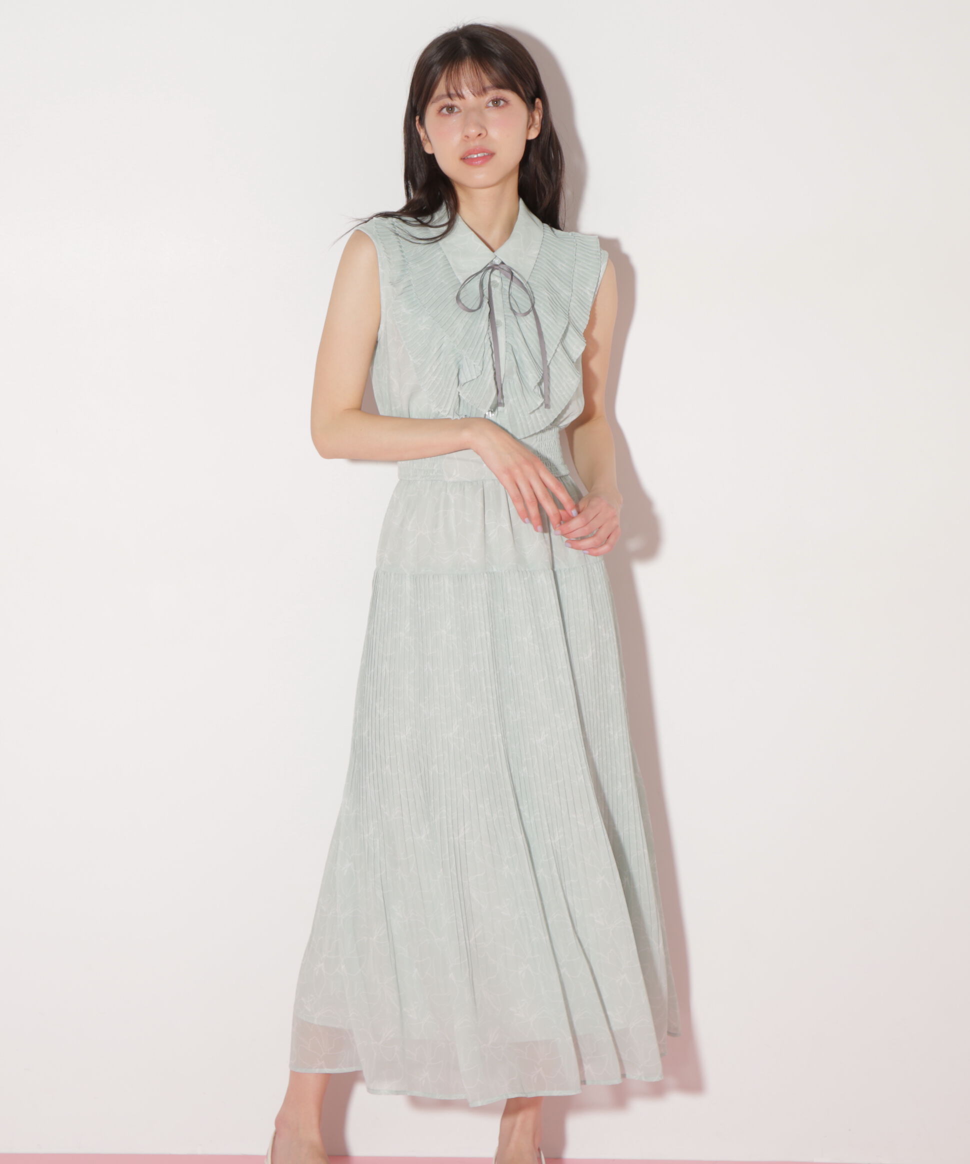  「プリーツフリルプリントワンピース」|ワンピース|