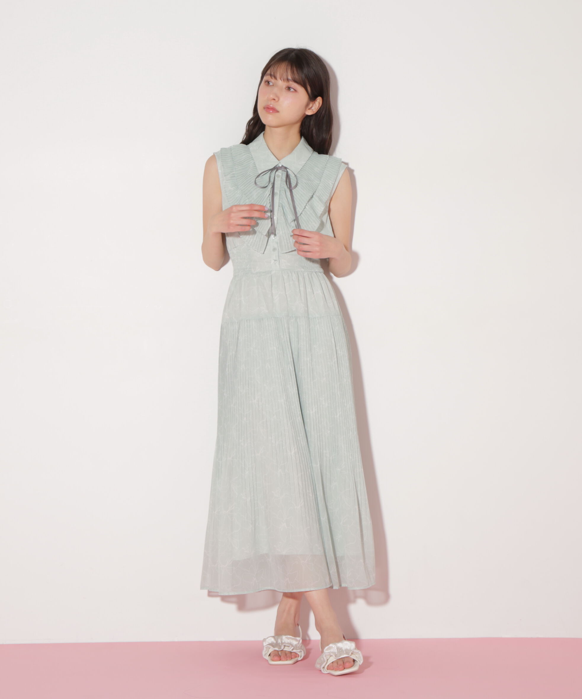  「プリーツフリルプリントワンピース」|ワンピース|