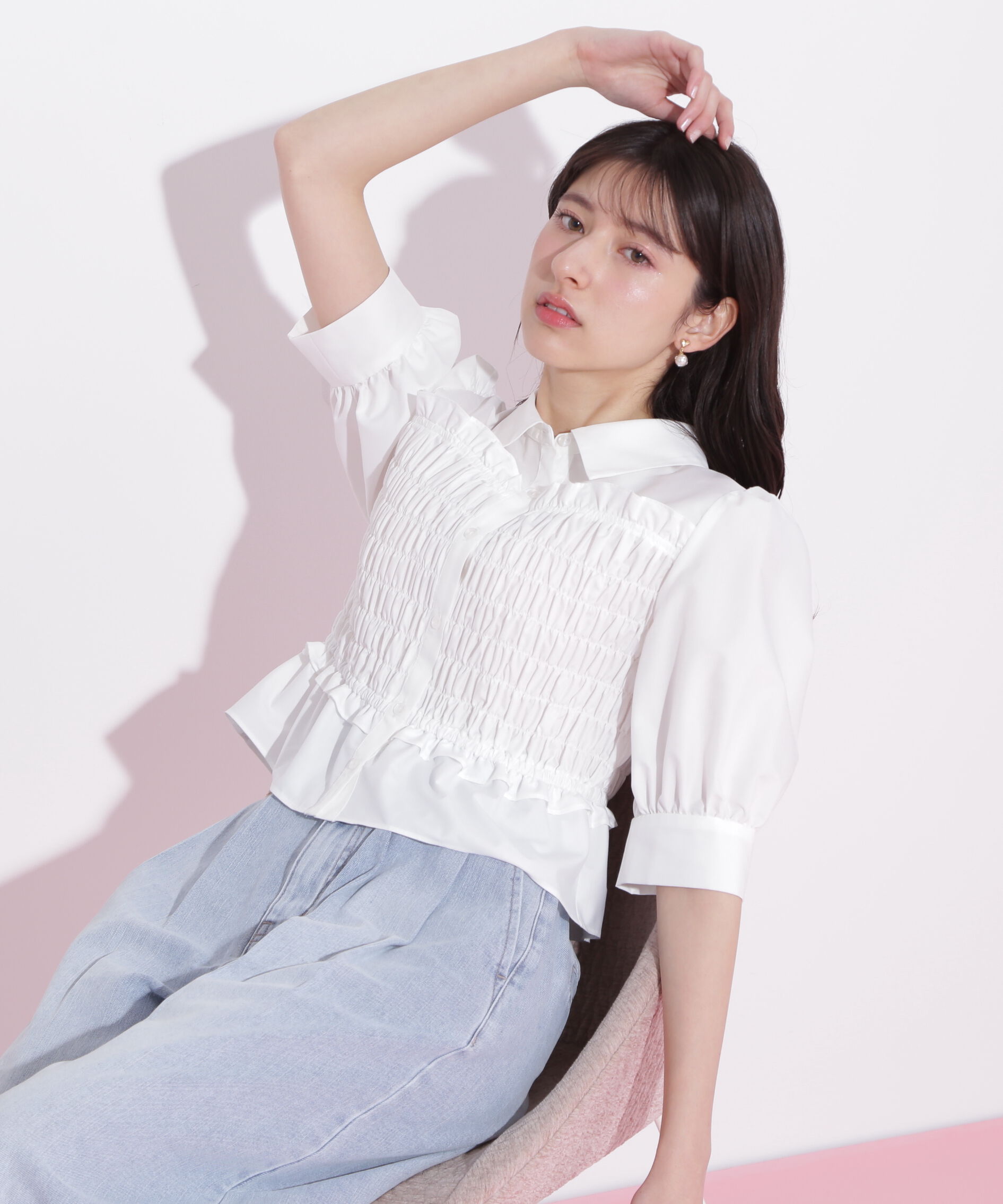  「ビスチェ風シャーリングブラウス」|シャツ・ブラウス|ホワイト