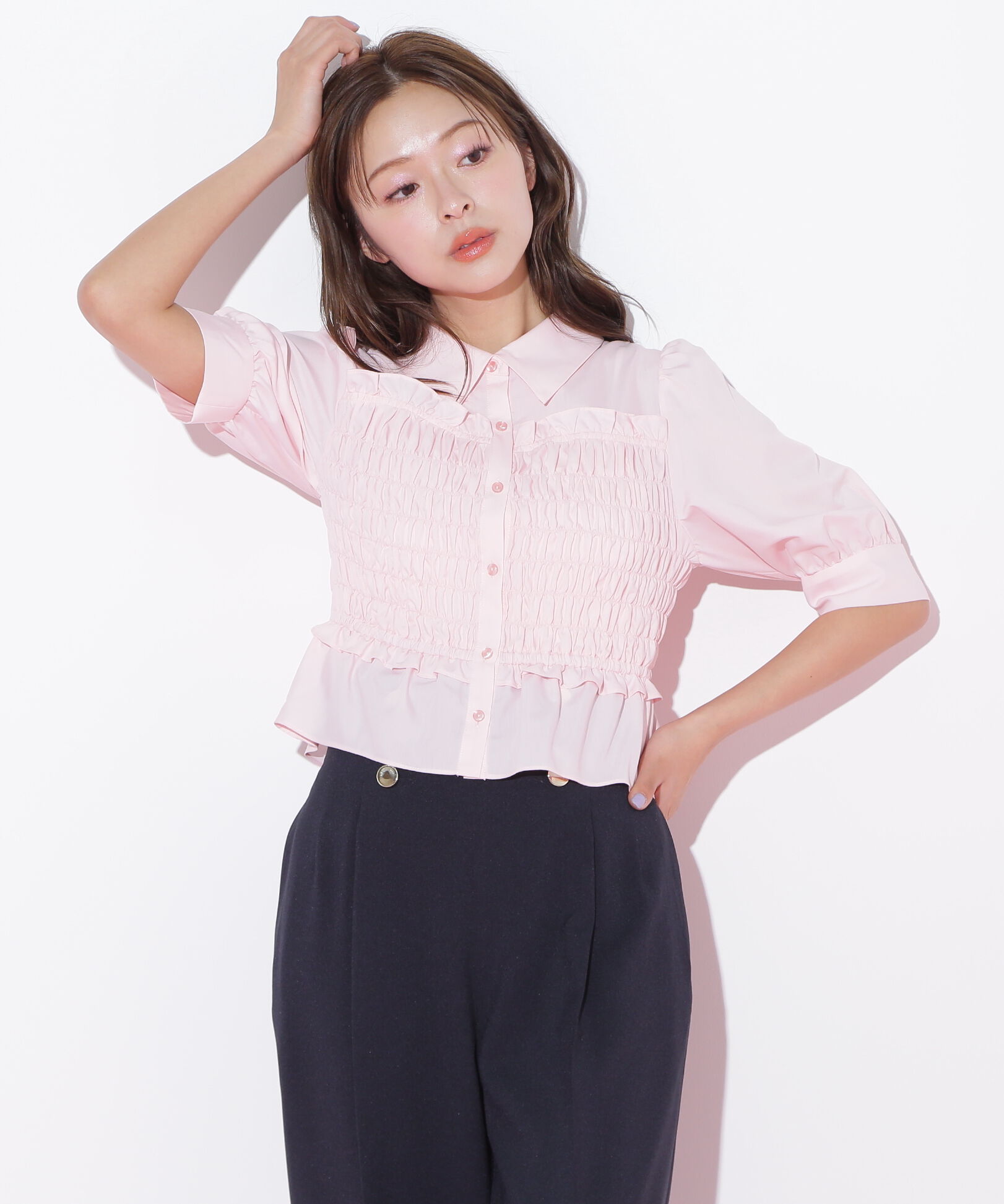  「ビスチェ風シャーリングブラウス」|シャツ・ブラウス|ピンク