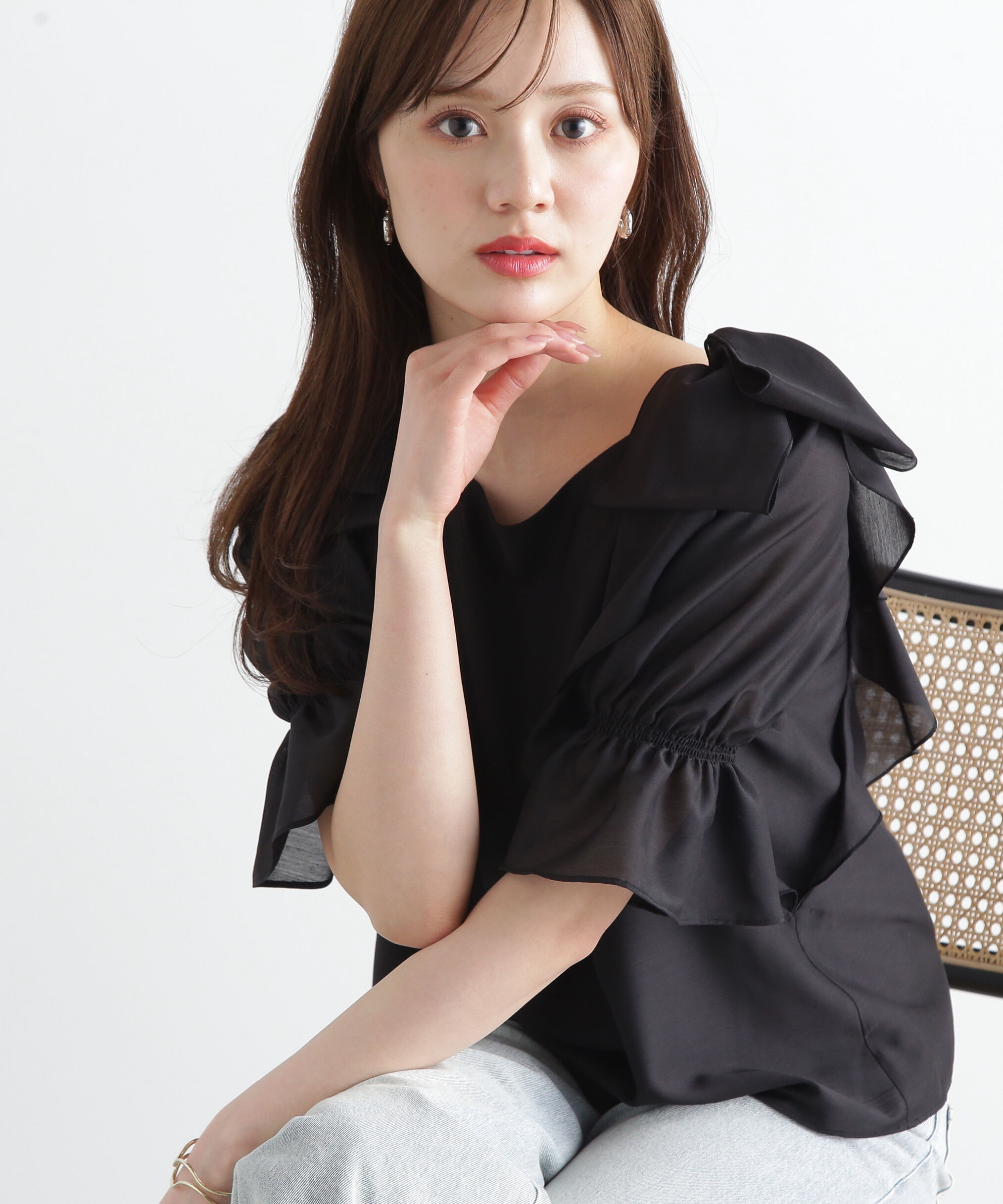 PROPORTION BODY DRESSING「リボンラッフルブラウス5分袖」|シャツ・ブラウス|ブラック
