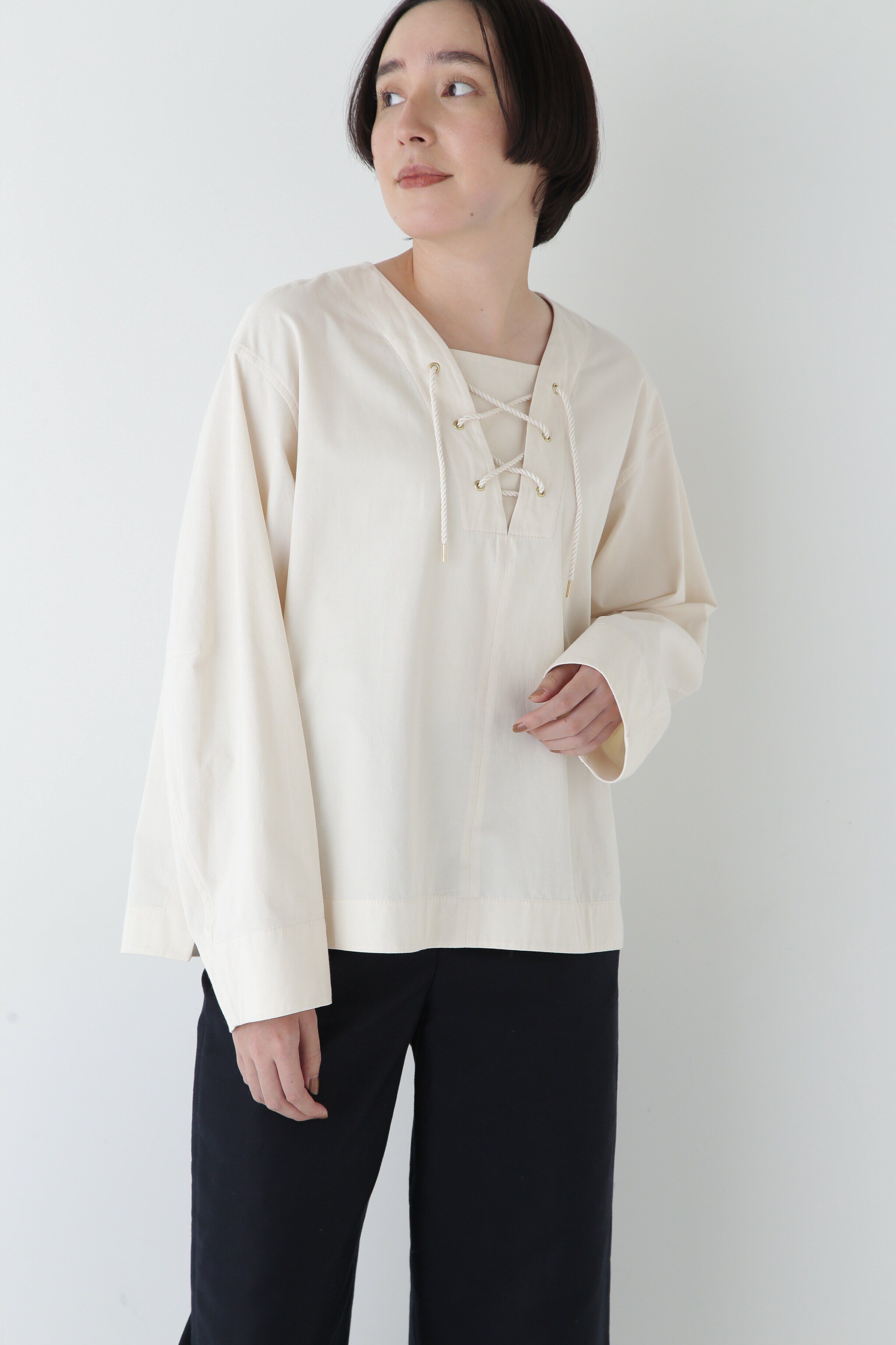  「◆ツイルワッシャーレースアップブラウス」|シャツ・ブラウス|キナリ1