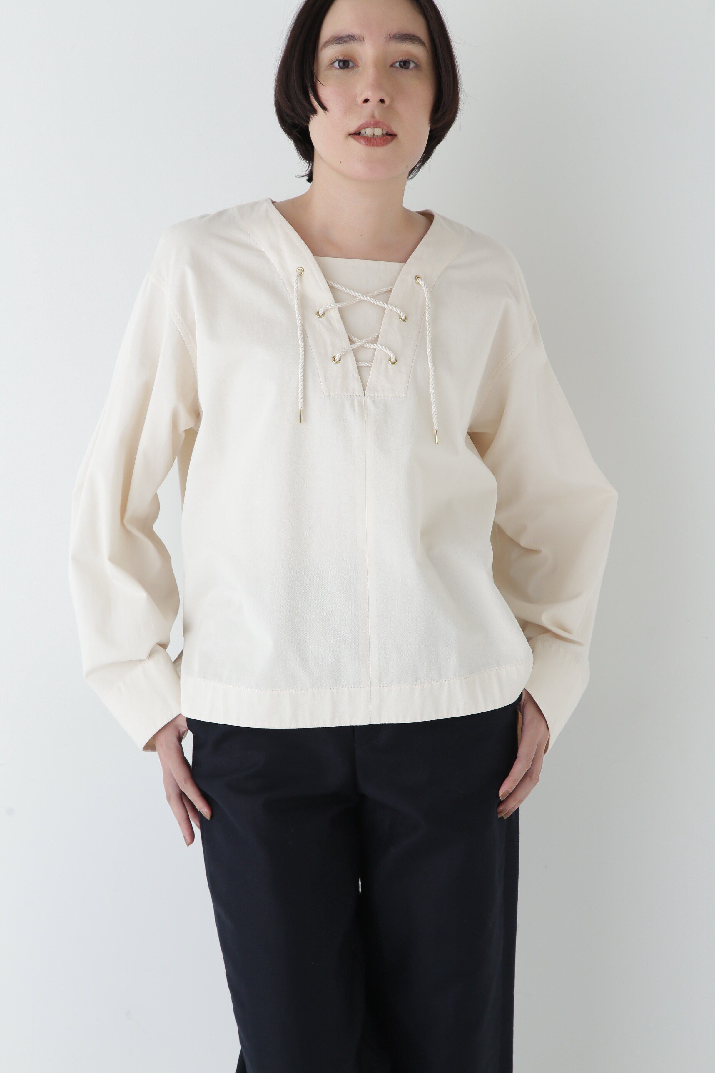  「◆ツイルワッシャーレースアップブラウス」|シャツ・ブラウス|