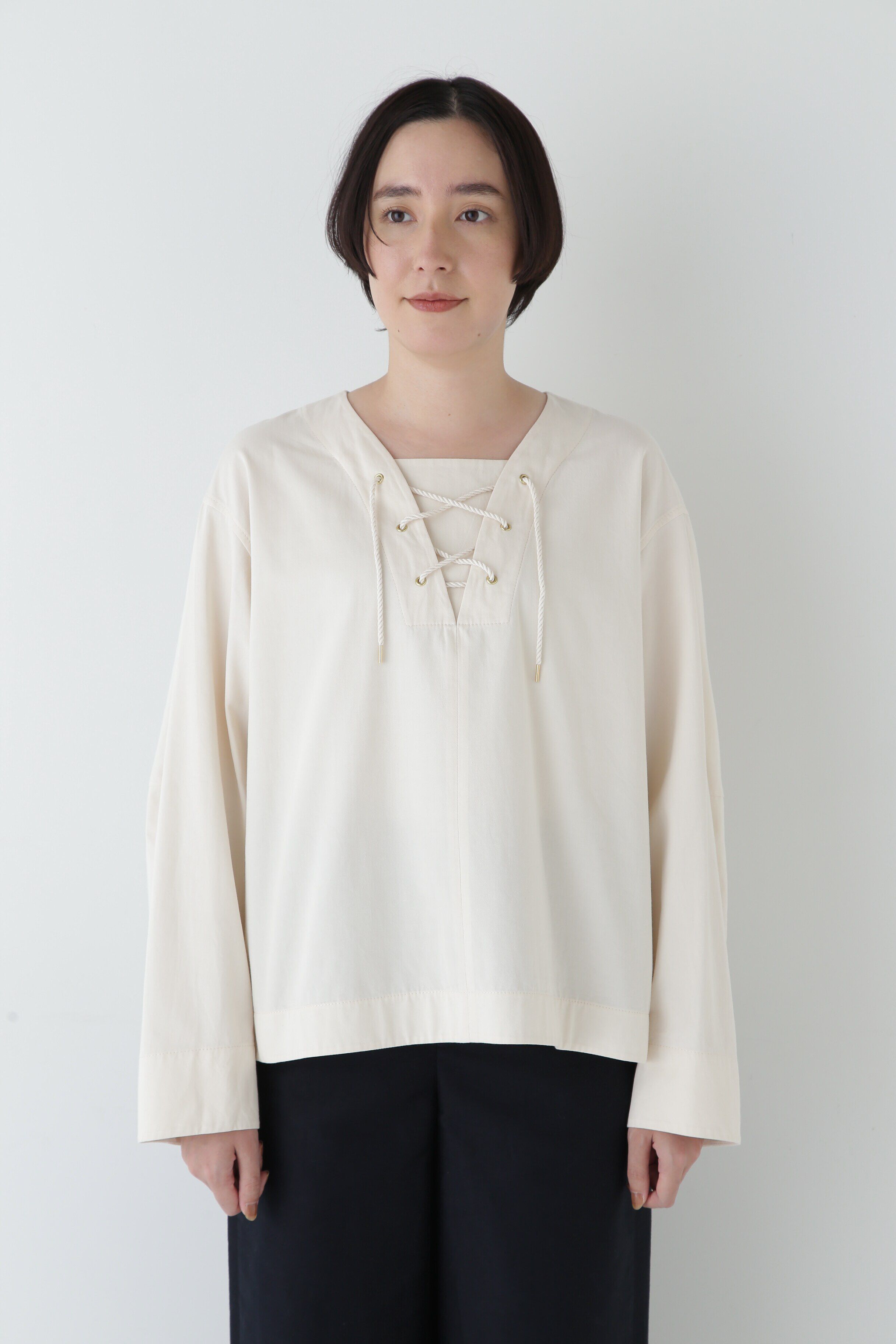  「◆ツイルワッシャーレースアップブラウス」|シャツ・ブラウス|