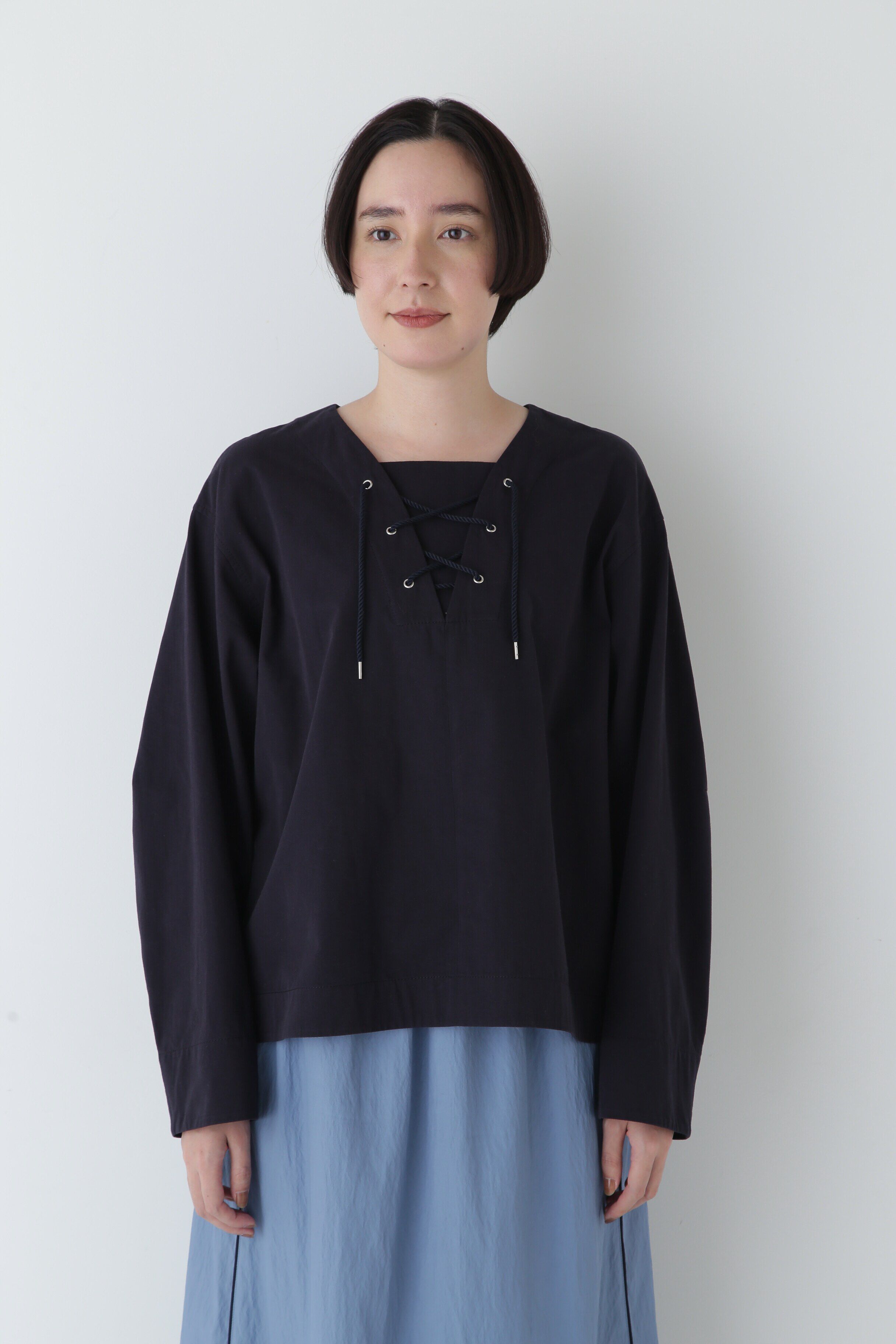  「◆ツイルワッシャーレースアップブラウス」|シャツ・ブラウス|