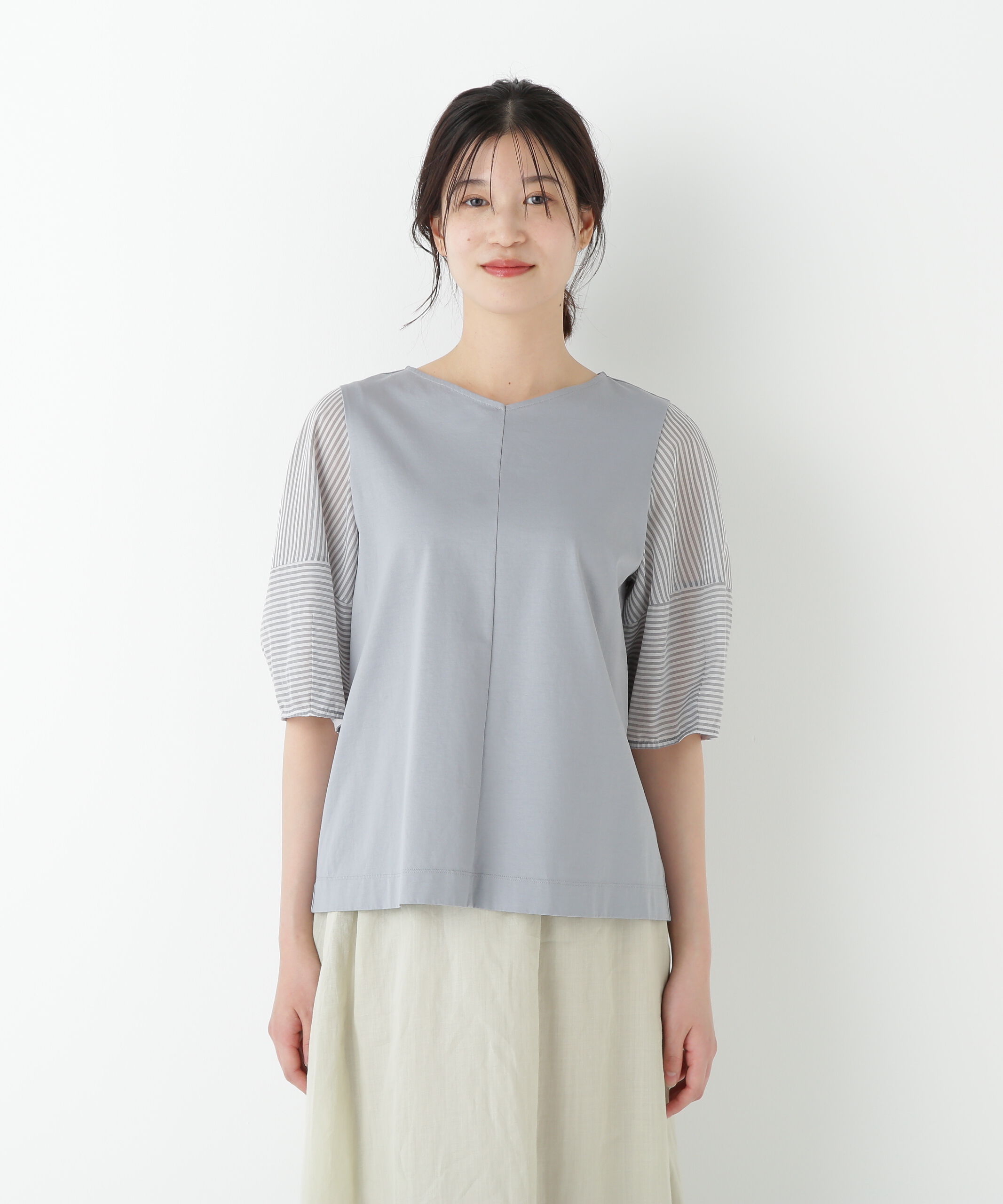  「◆シアーストライプドッキングＶネックカットソープルオーバー」|Tシャツ・カットソー|