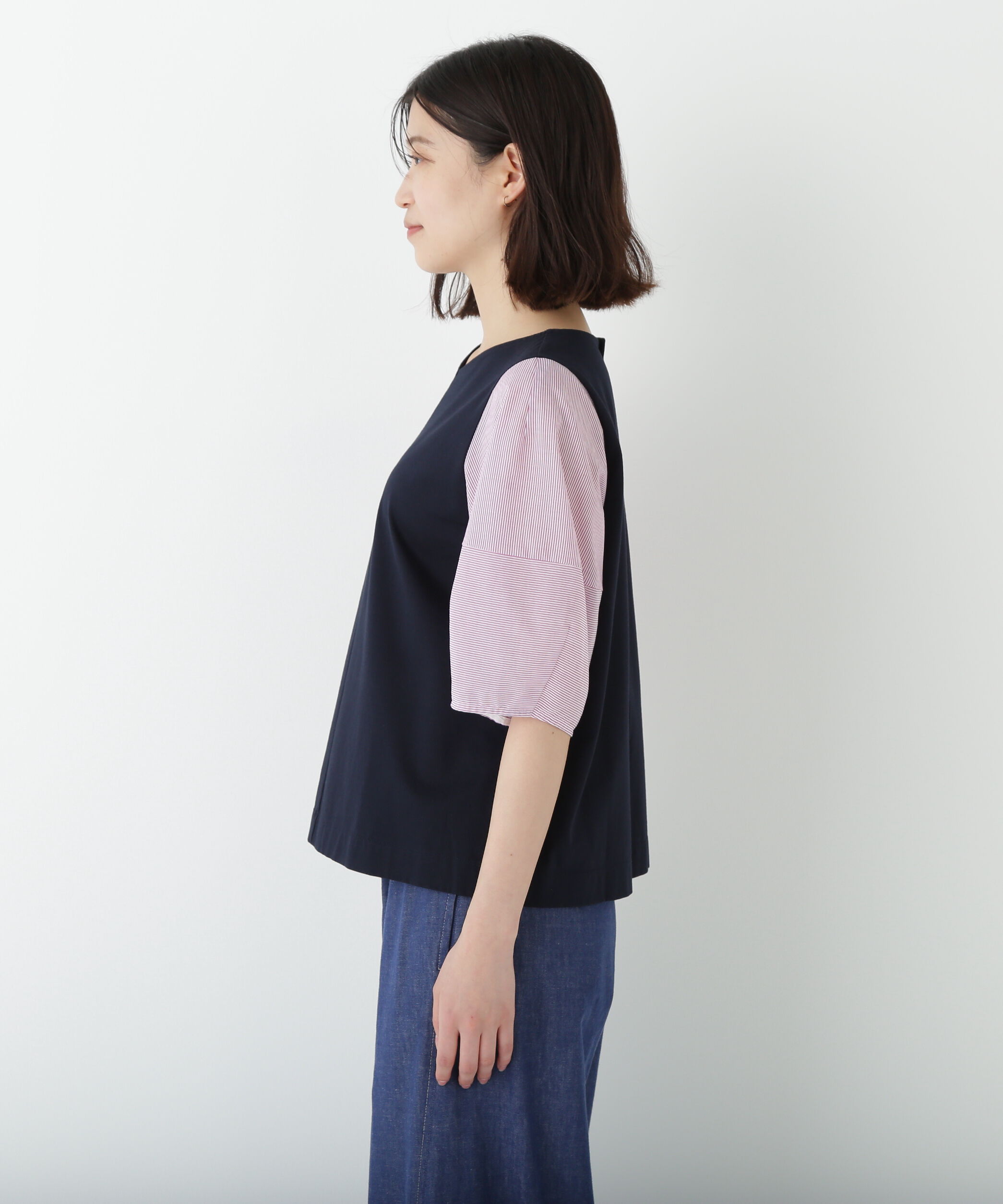  「◆シアーストライプドッキングＶネックカットソープルオーバー」|Tシャツ・カットソー|