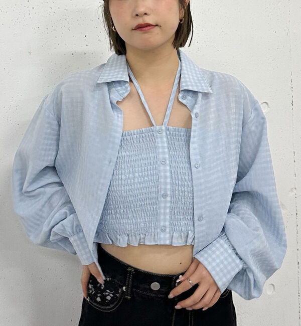 archives「チェックシャーリングビスチェ&times;シャツＳＥＴ」|カーディガン|BLUE