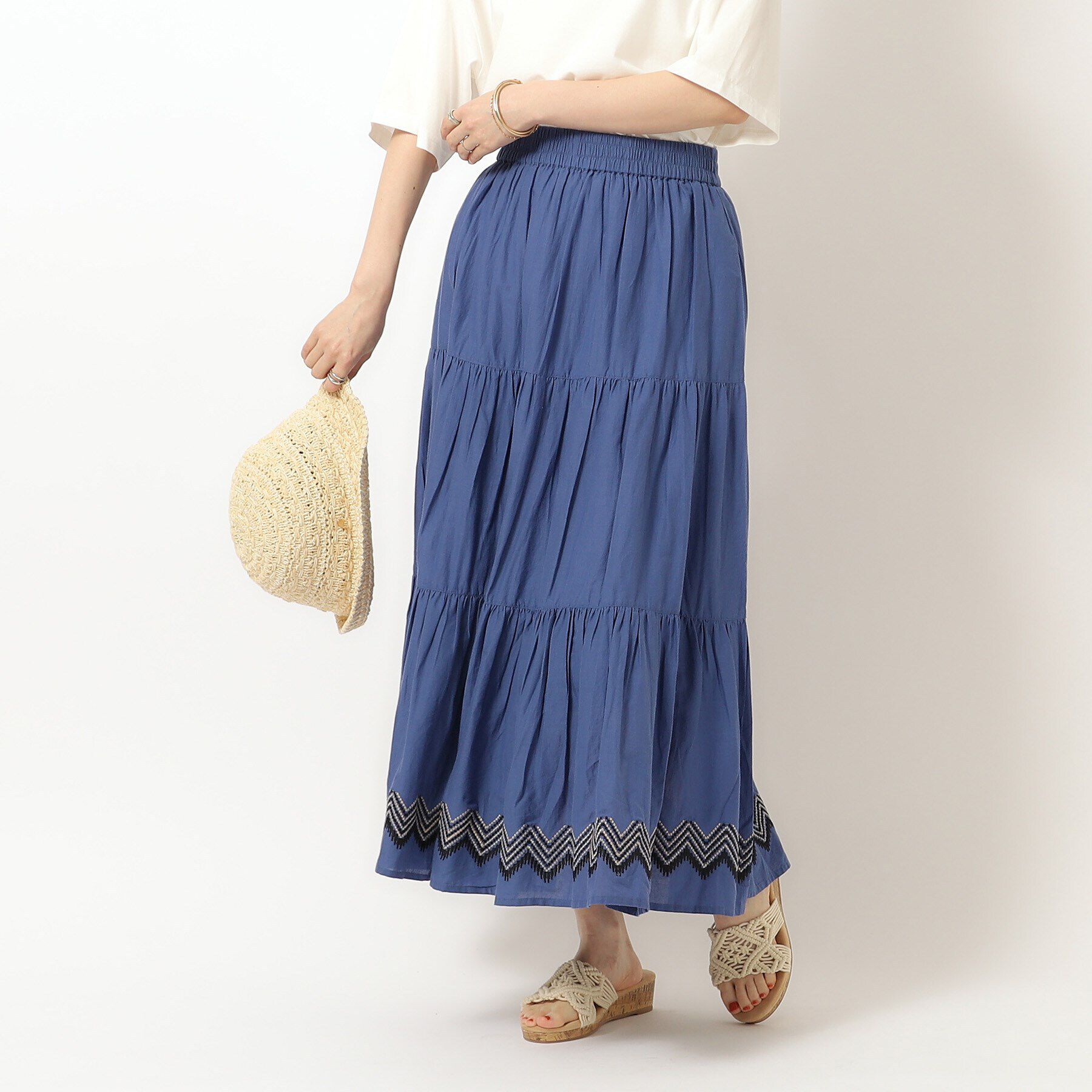 SHOO･LA･RUE「【洗える/インド綿100％】ふわっと揺れる ティアード刺繍スカート」|スカート|