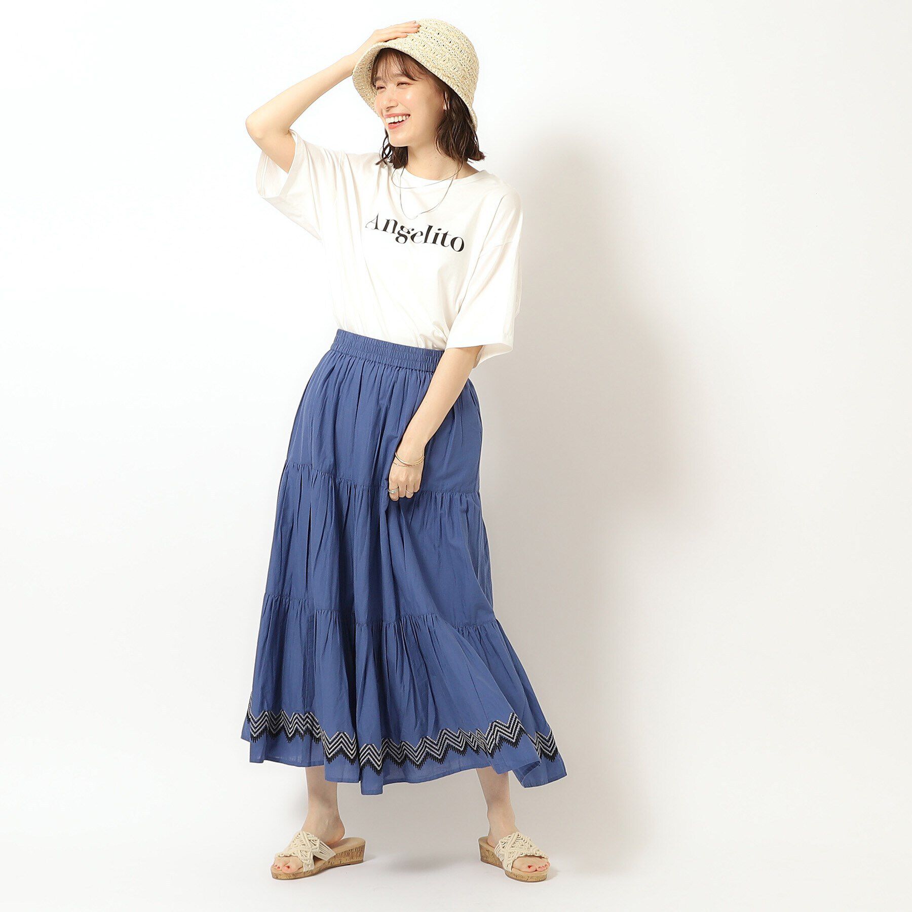 SHOO･LA･RUE「【洗える/インド綿100％】ふわっと揺れる ティアード刺繍スカート」|スカート|