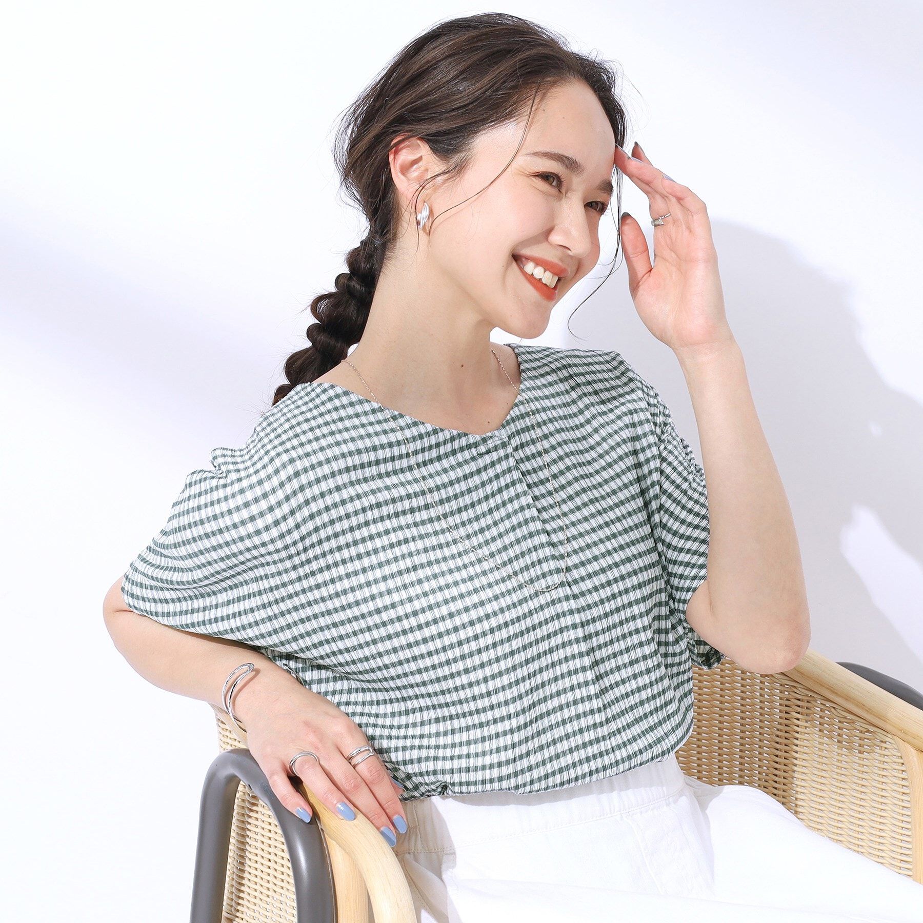 SHOO･LA･RUE「【洗える】甘すぎないギンガムチェック トップス」|Tシャツ・カットソー|グリーン(222)