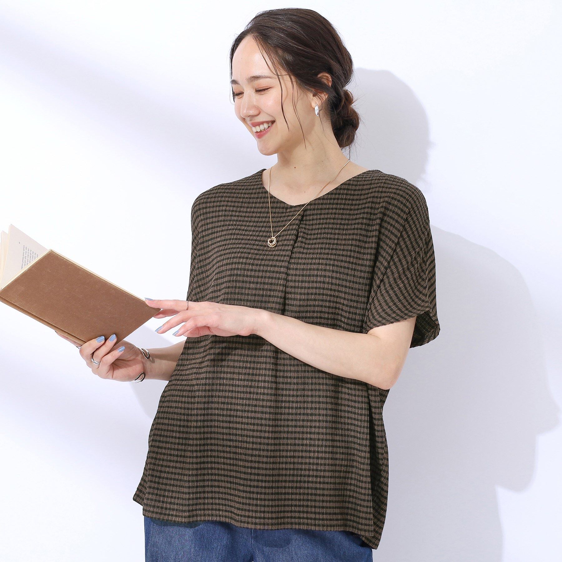 SHOO･LA･RUE「【洗える】甘すぎないギンガムチェック トップス」|Tシャツ・カットソー|モカブラウン(242