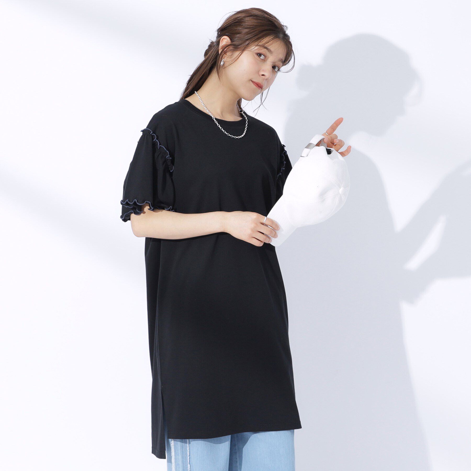 SHOO･LA･RUE「配色メロウがポイント お袖フリルチュニックワンピース」|チュニック|ブラック(019)