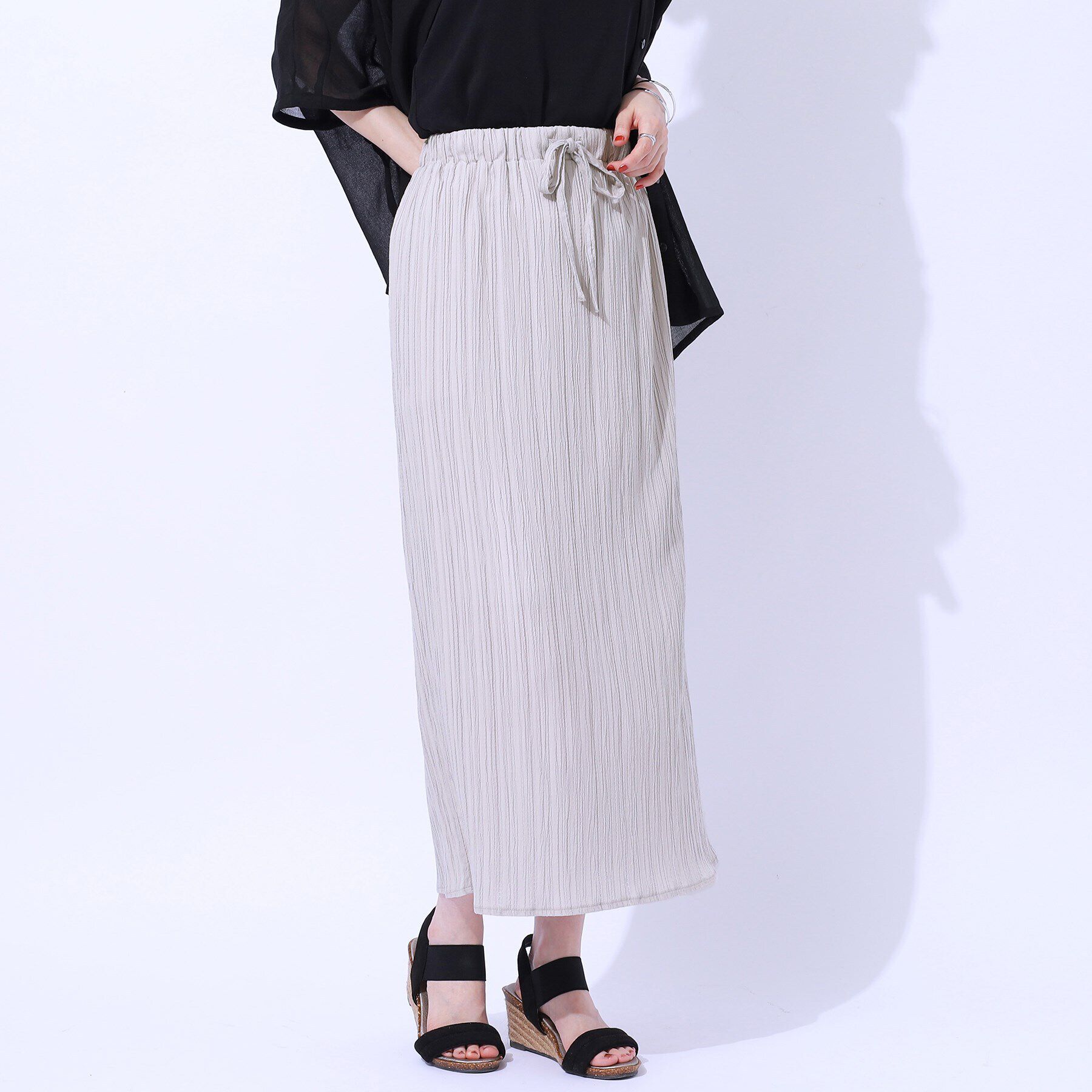 SHOO･LA･RUE「【セットアップ可】すっきりIライン　楊柳イージーナロースカート」|スカート|グレージュ(050)