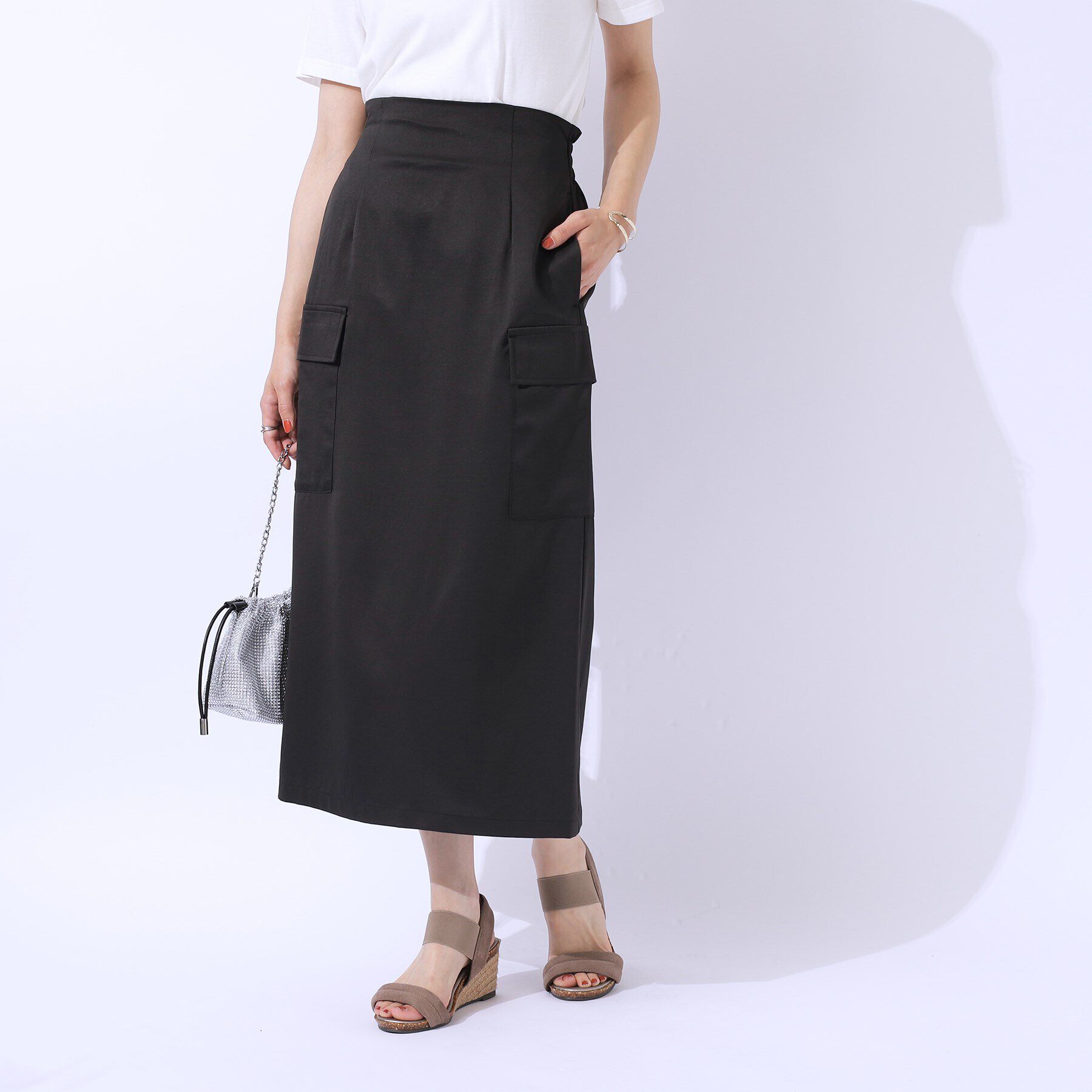 SHOO･LA･RUE「【洗える/UV】ウエストがキレイに見える カーゴナロースカ―ト」|スカート|
