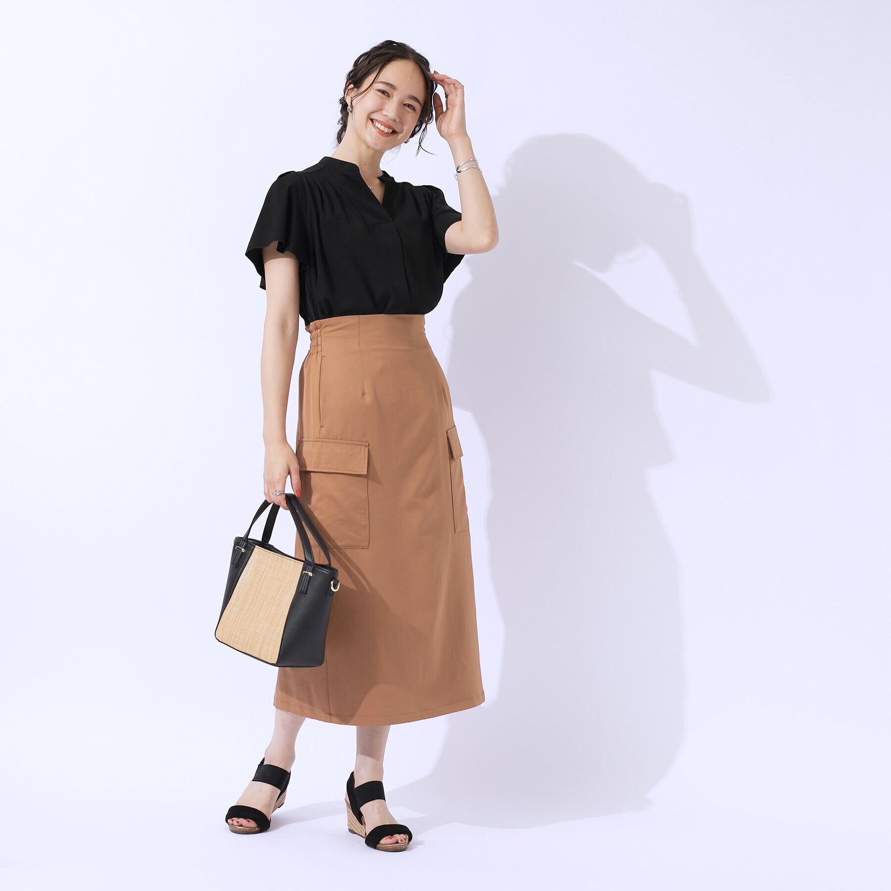 SHOO･LA･RUE「【洗える/UV】ウエストがキレイに見える カーゴナロースカ―ト」|スカート|