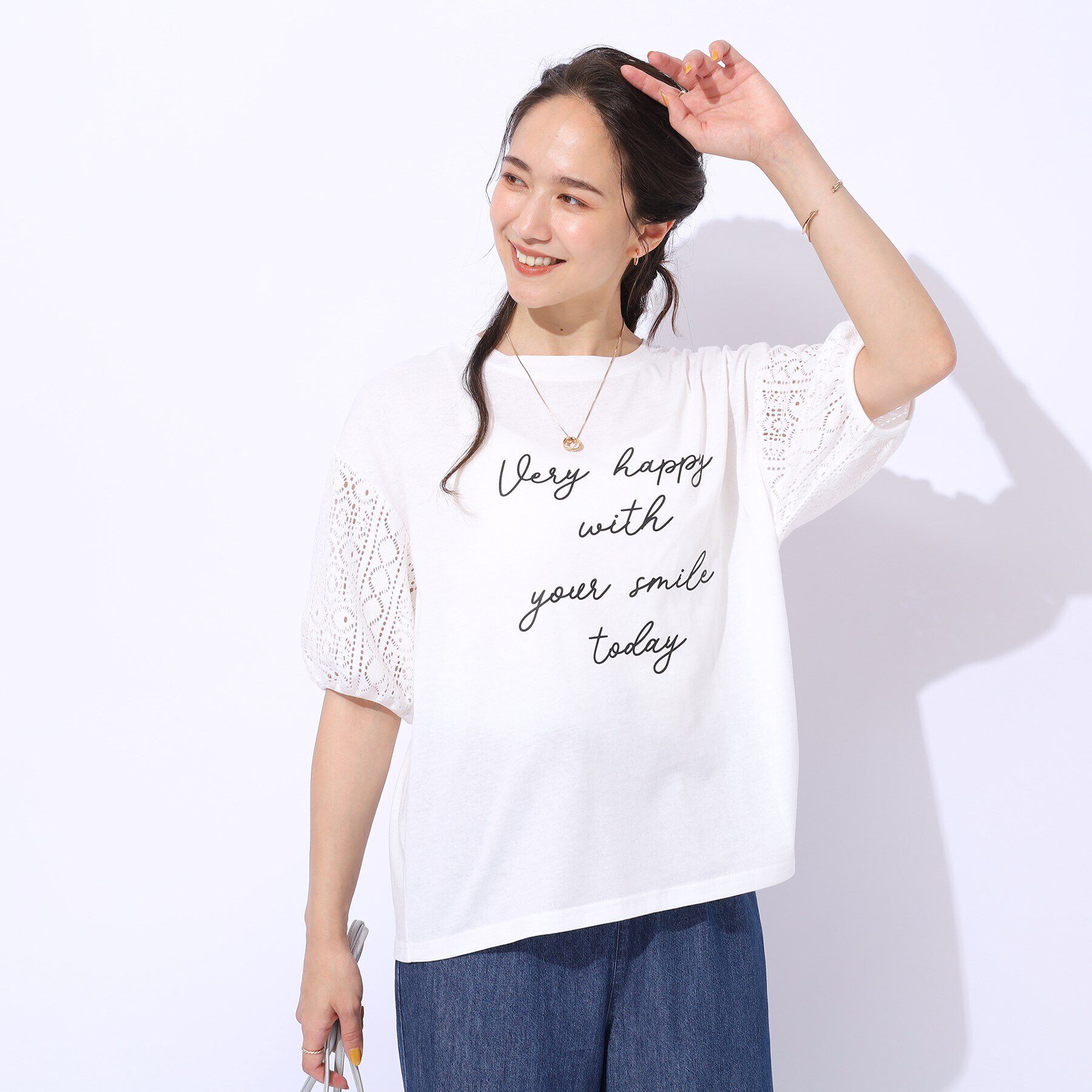SHOO･LA･RUE「【晩夏まで活躍／5分袖】お袖レース　ロゴプリントトップス」|Tシャツ・カットソー|