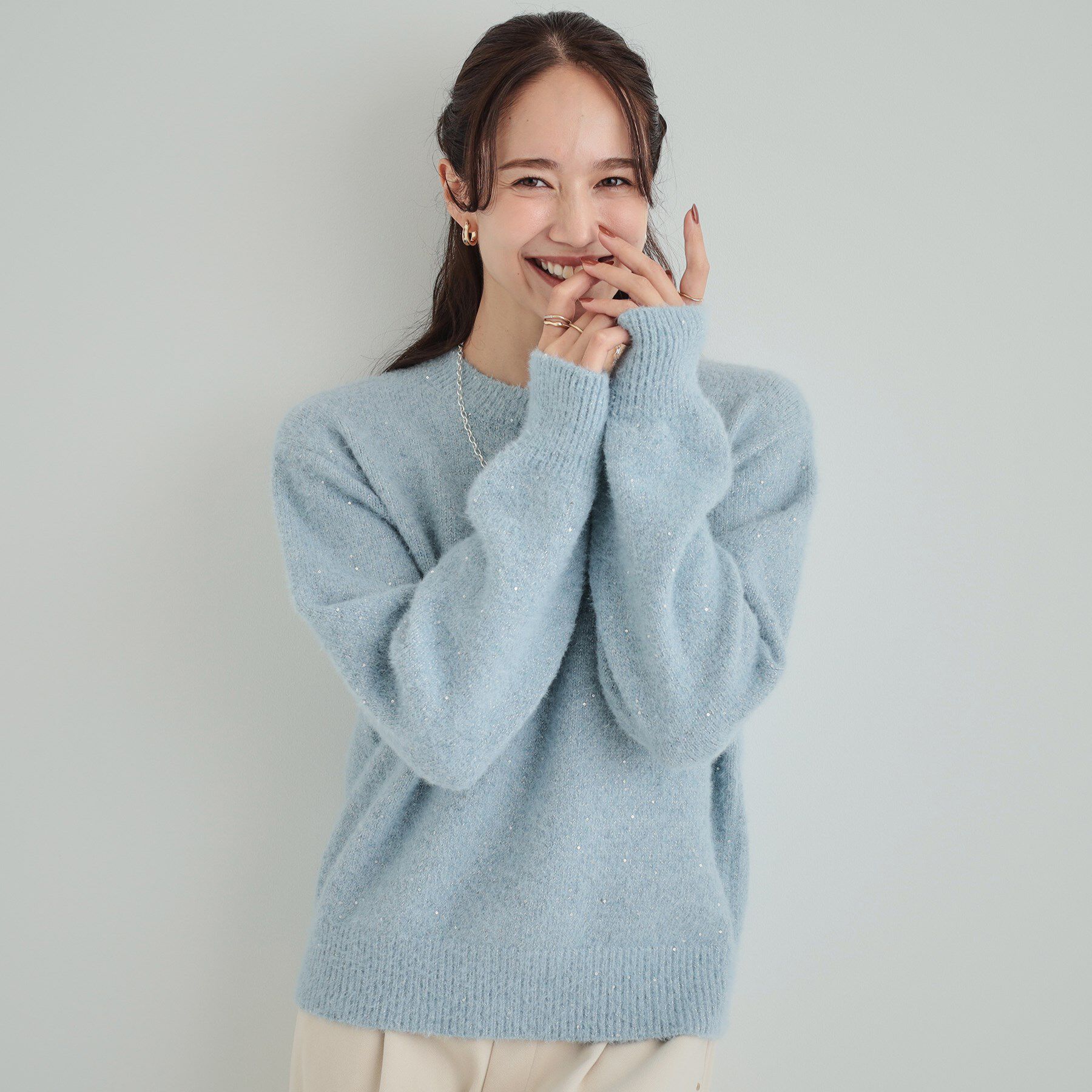 SHOO･LA･RUE「【高レビュー/S-LL】上品にキラリと華やぐ スパンコール フェザーニット」|ニット・セーター|サックスブルー(09