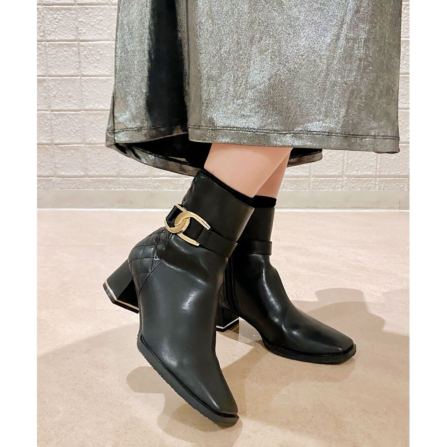 ESPERANZA「キルティングベルトミドルヒールショートブーツ」|ショートブーツ|