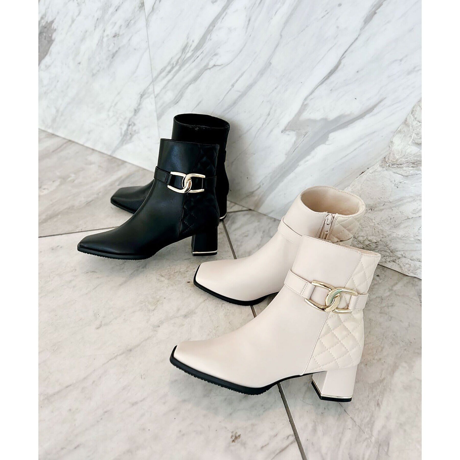 ESPERANZA「キルティングベルトミドルヒールショートブーツ」|ショートブーツ|