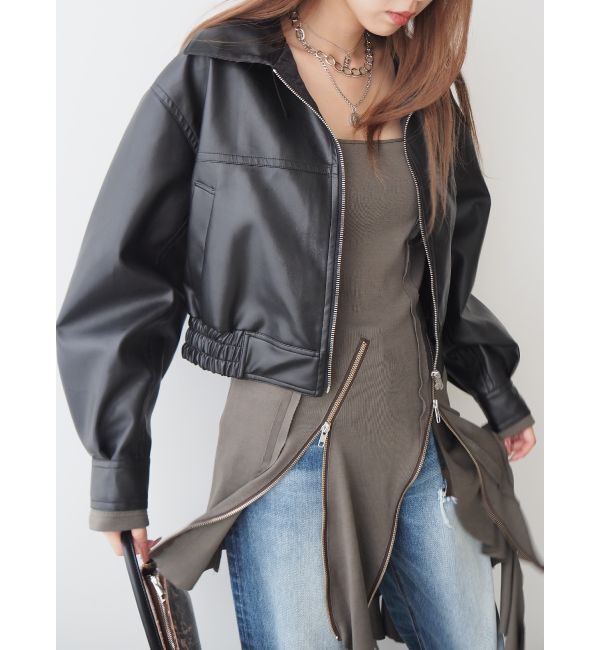 EVRIS「レザーライクコンパクトブルゾン【セットアップ着用可能】」|ブルゾン・スタジャン|ブラック