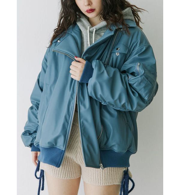 jouetie「フェイクレザーライダースMA-1ジャケット」|ブルゾン・スタジャン|ブルー