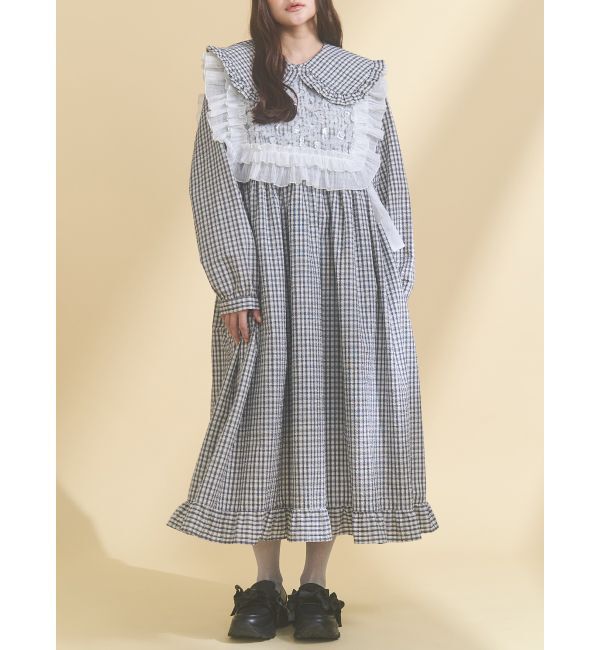 merry jenny「チェックフリルカラーワンピース」|ワンピース|ネイビー