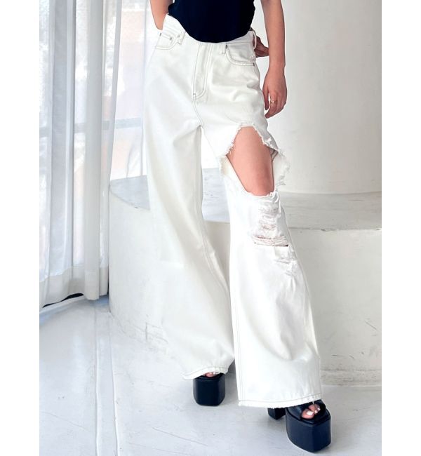 GYDA「ハイウエストRIPPERSワイドパンツ」|デニム|オフホワイト