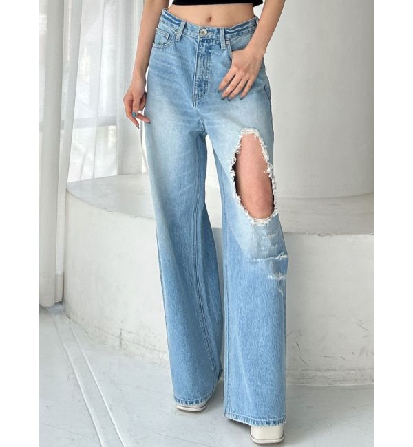 GYDA「ハイウエストRIPPERSワイドパンツ」|デニム|アイスブルー