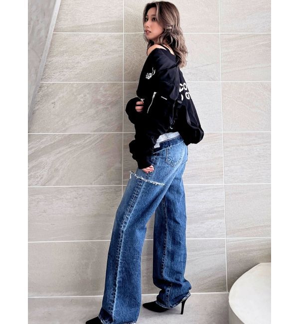 GYDA「ハイウエストBOTH SIDE RIPPEDストレートワイドデニム」|デニム|