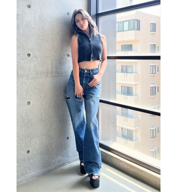 GYDA「ハイウエストBOTH SIDE RIPPEDストレートワイドデニム」|デニム|