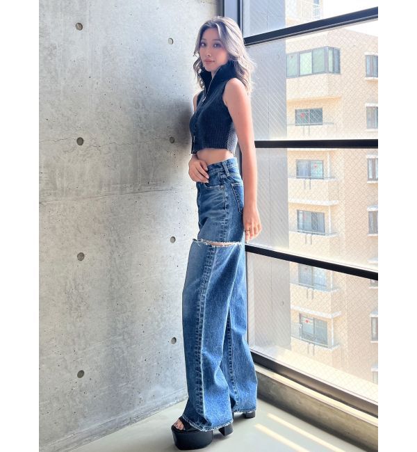 GYDA「ハイウエストBOTH SIDE RIPPEDストレートワイドデニム」|デニム|